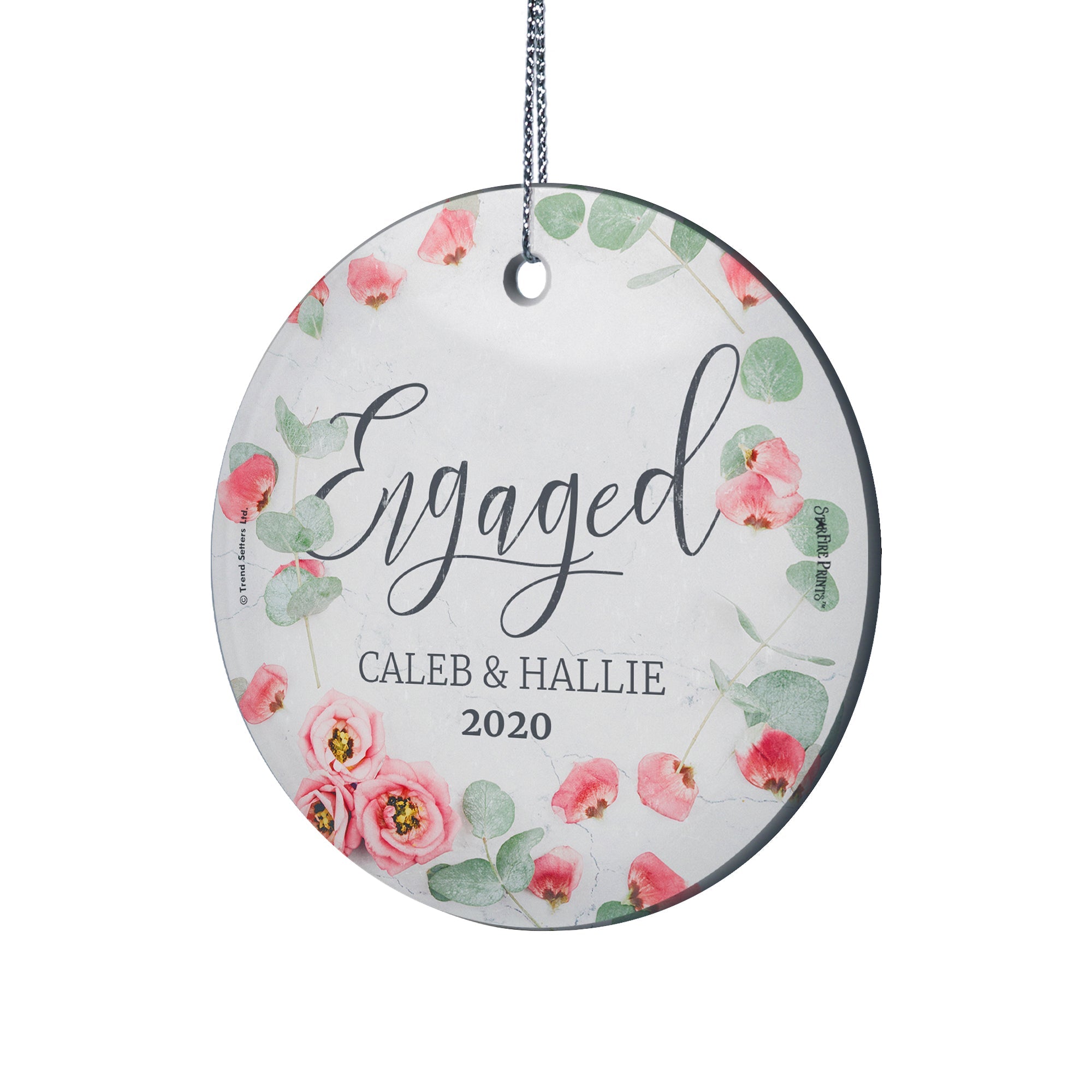 Engagement Collection (First Christmas Engaged Pink Flowers - Personalized) StarFire Prints™ Hanging Glass Print SPCIR946