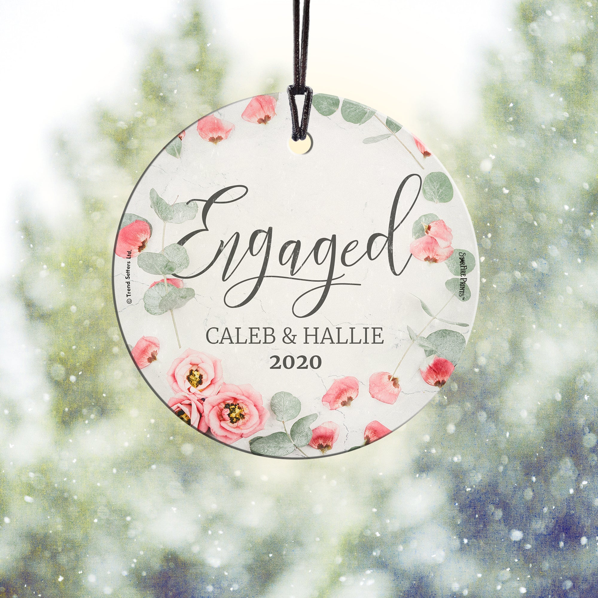 Engagement Collection (First Christmas Engaged Pink Flowers - Personalized) StarFire Prints™ Hanging Glass Print SPCIR946