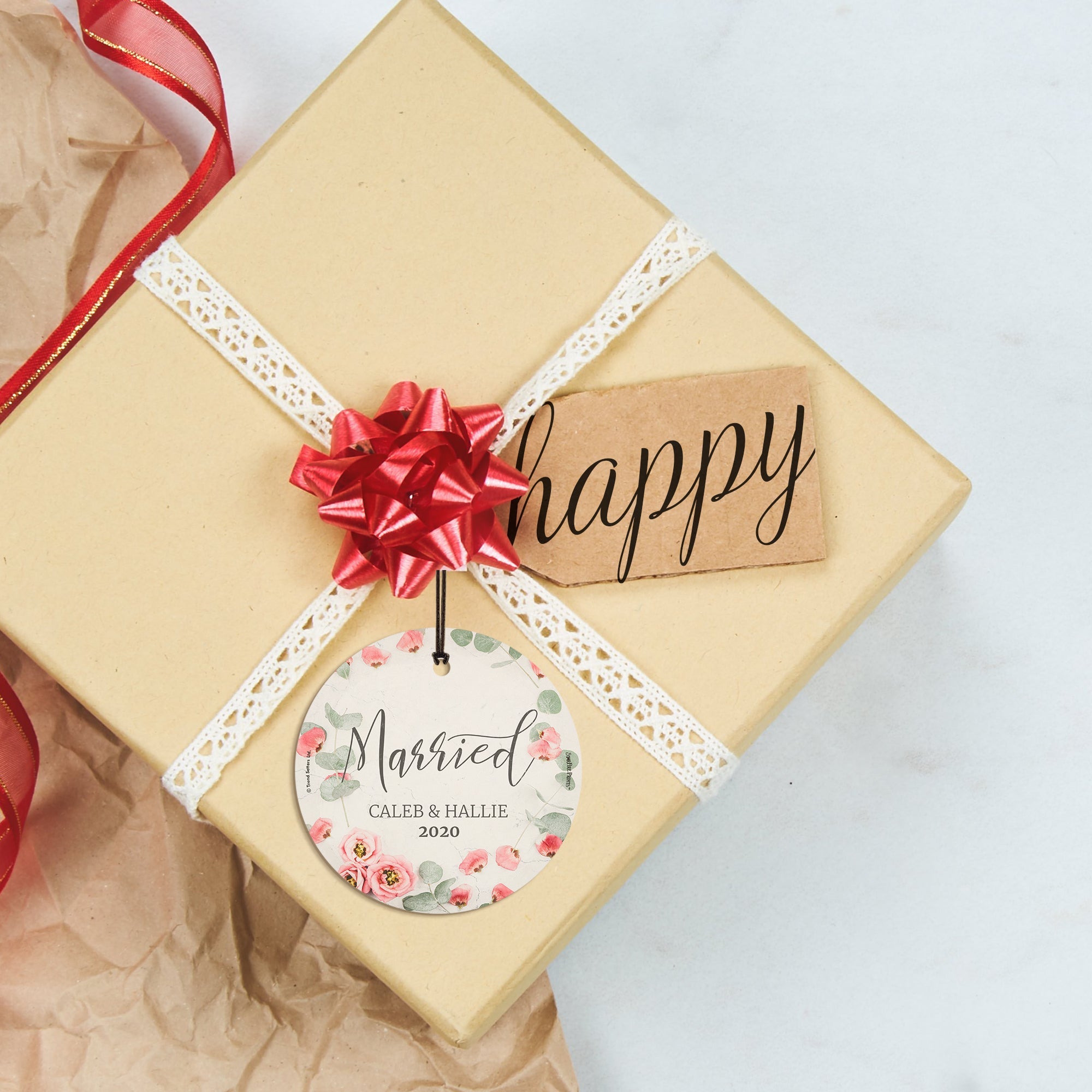 Wedding Collection (First Christmas Married Pink Flowers - Personalized) StarFire Prints Hanging Glass Print SPCIR947