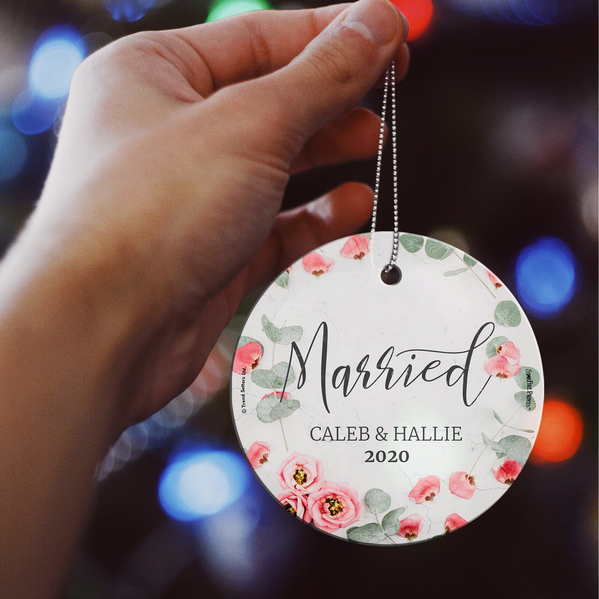 Wedding Collection (First Christmas Married Pink Flowers - Personalized) StarFire Prints Hanging Glass Print SPCIR947