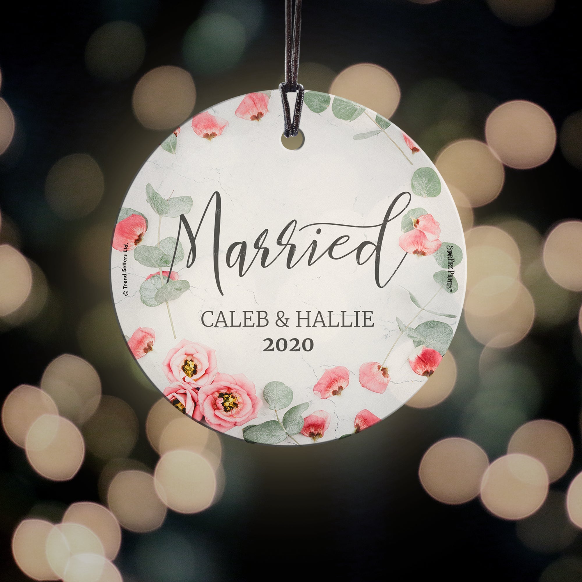 Wedding Collection (First Christmas Married Pink Flowers - Personalized) StarFire Prints Hanging Glass Print SPCIR947