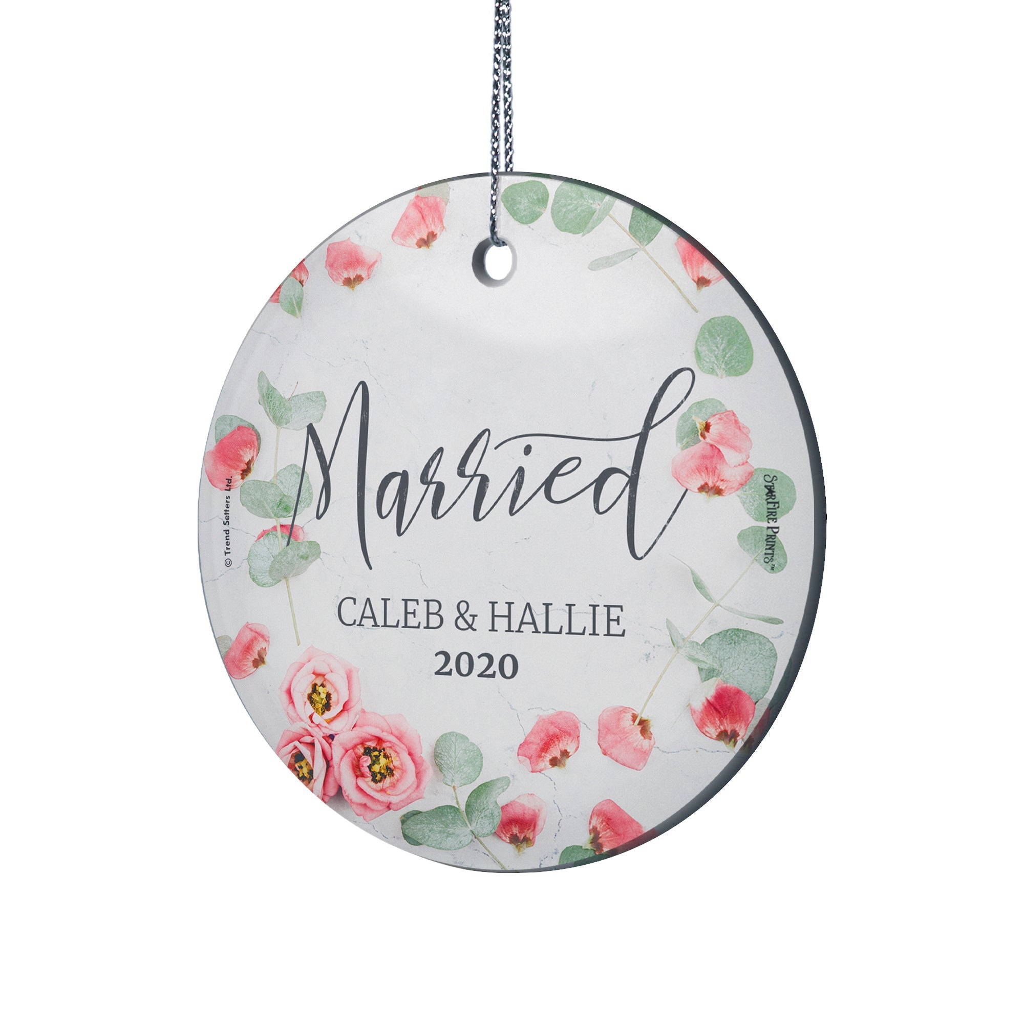 Wedding Collection (First Christmas Married Pink Flowers - Personalized) StarFire Prints Hanging Glass Print SPCIR947