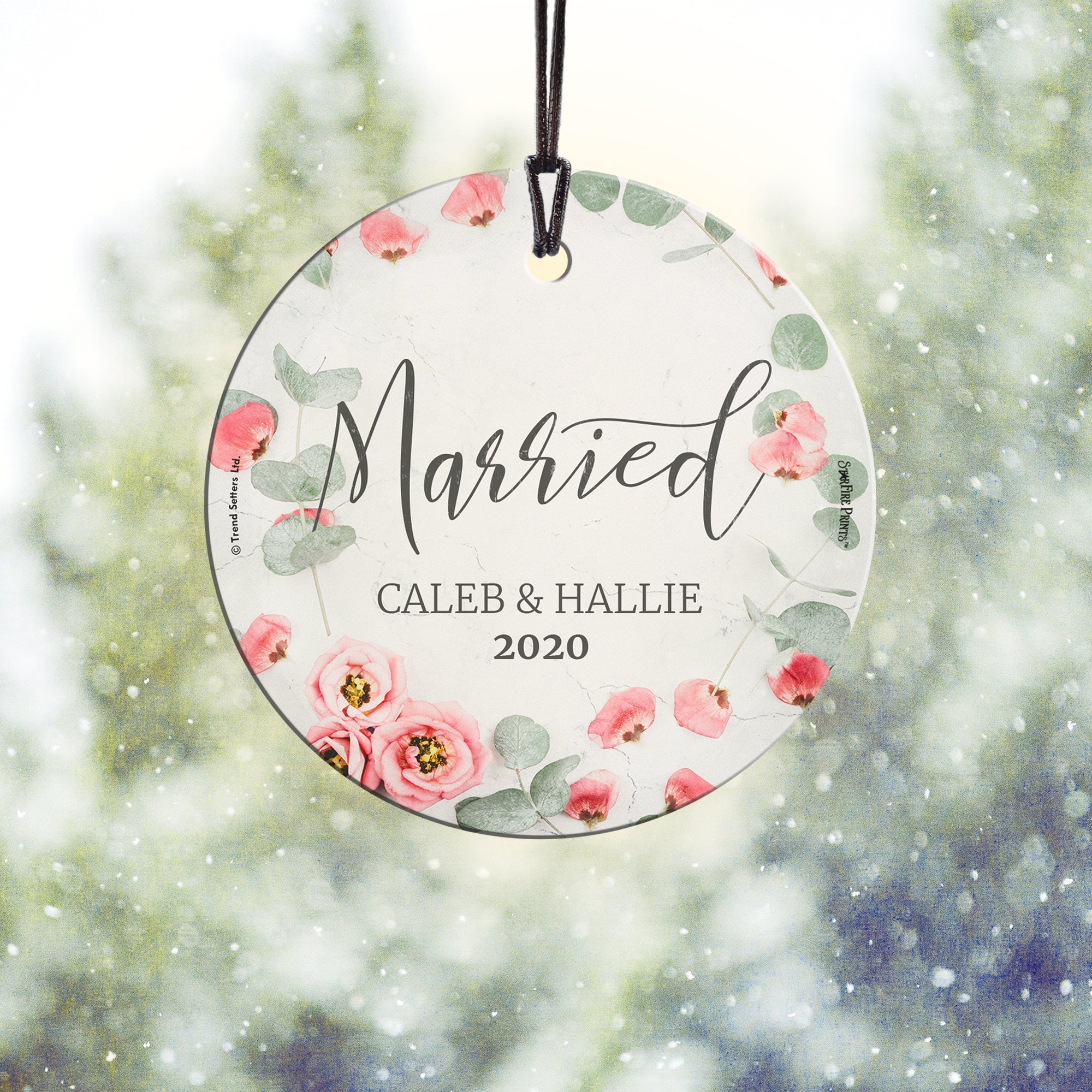 Wedding Collection (First Christmas Married Pink Flowers - Personalized) StarFire Prints Hanging Glass Print SPCIR947