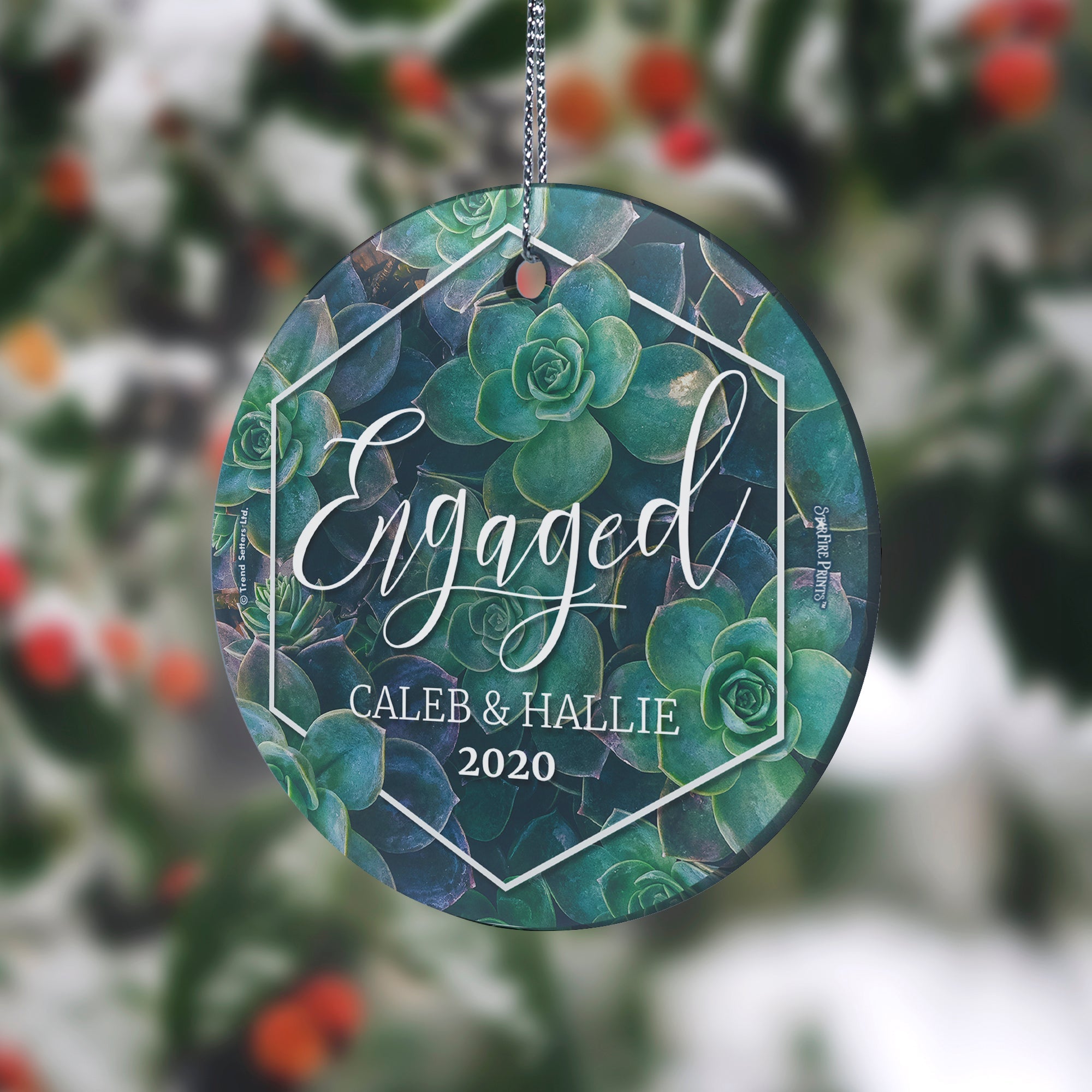Engagement Collection (First Christmas Engaged Succulents - Personalized) StarFire Prints Hanging Glass Print SPCIR948