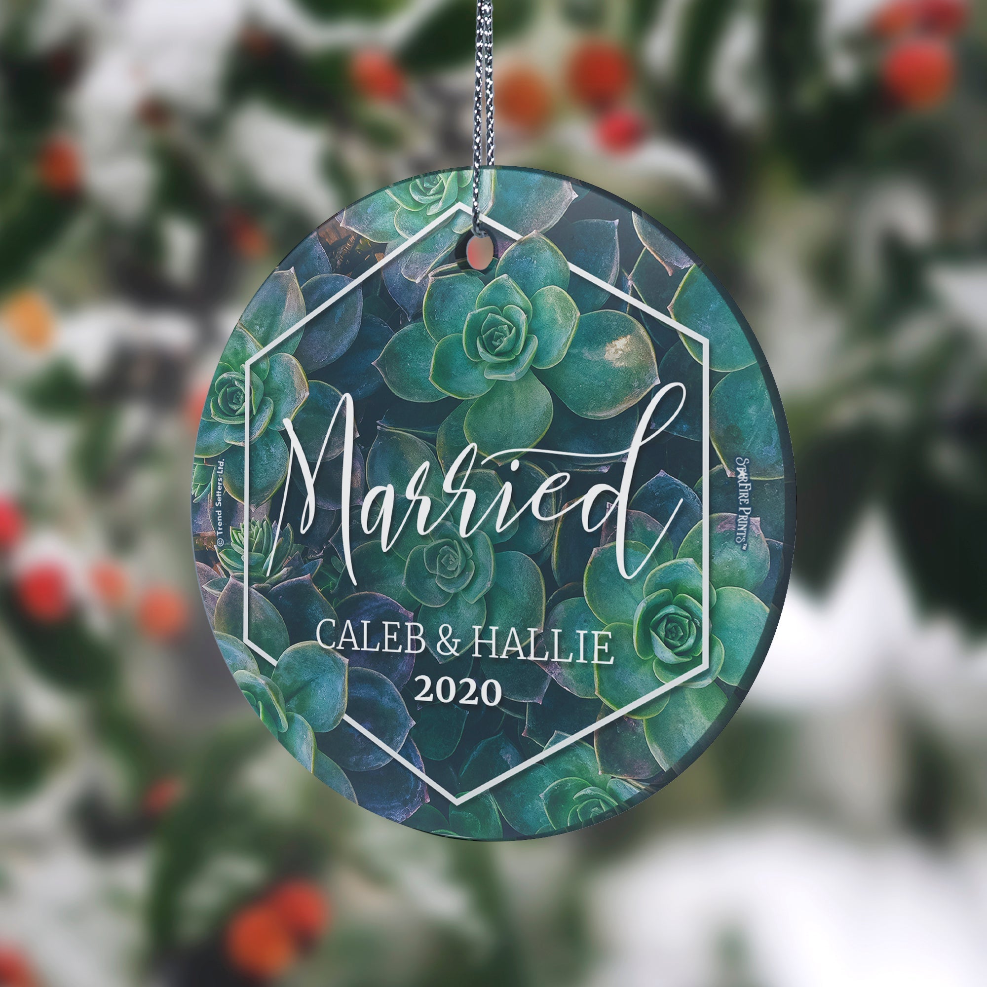 Wedding Collection (First Christmas Married Succulents - Personalized) StarFire Prints Hanging Glass Print SPCIR949