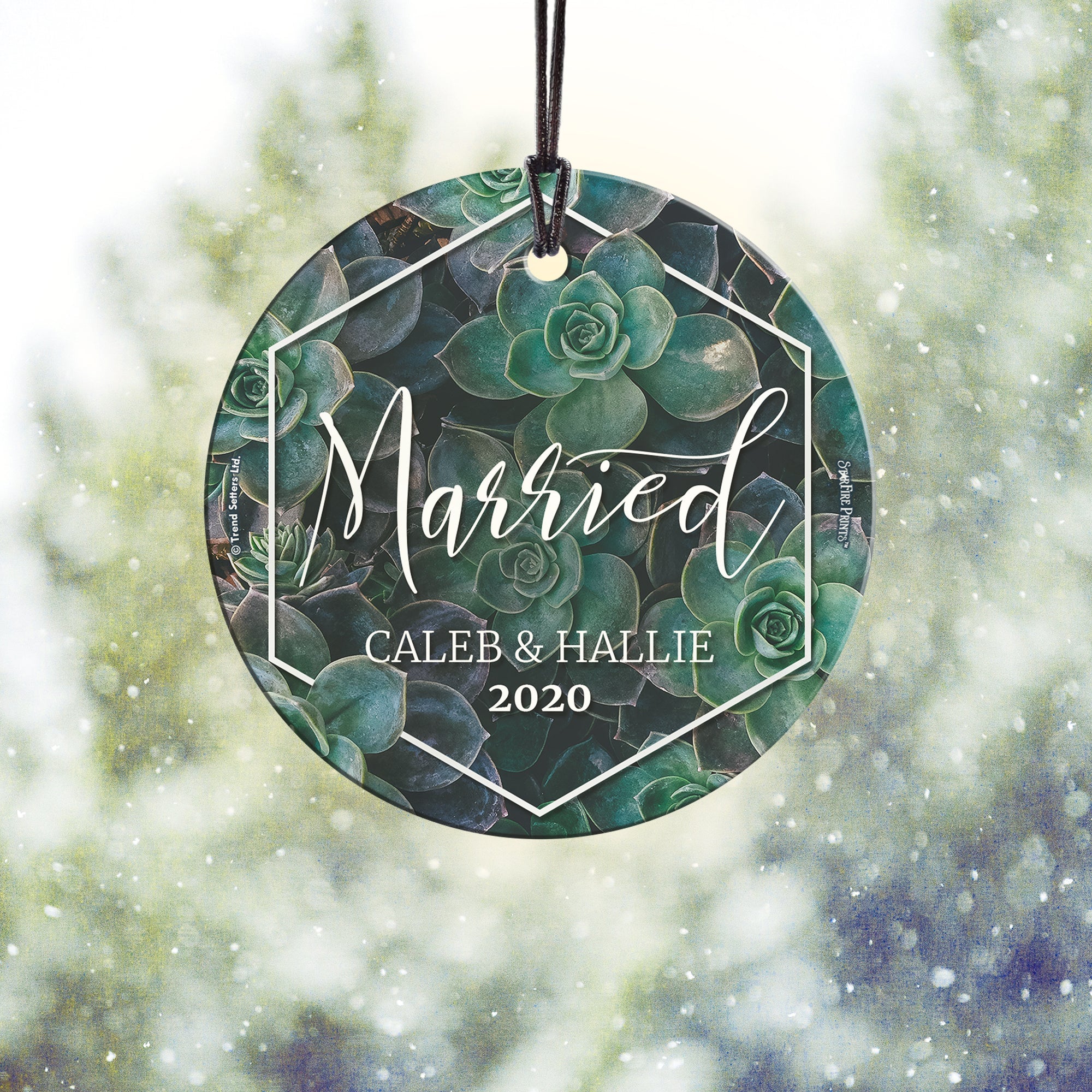 Wedding Collection (First Christmas Married Succulents - Personalized) StarFire Prints Hanging Glass Print SPCIR949