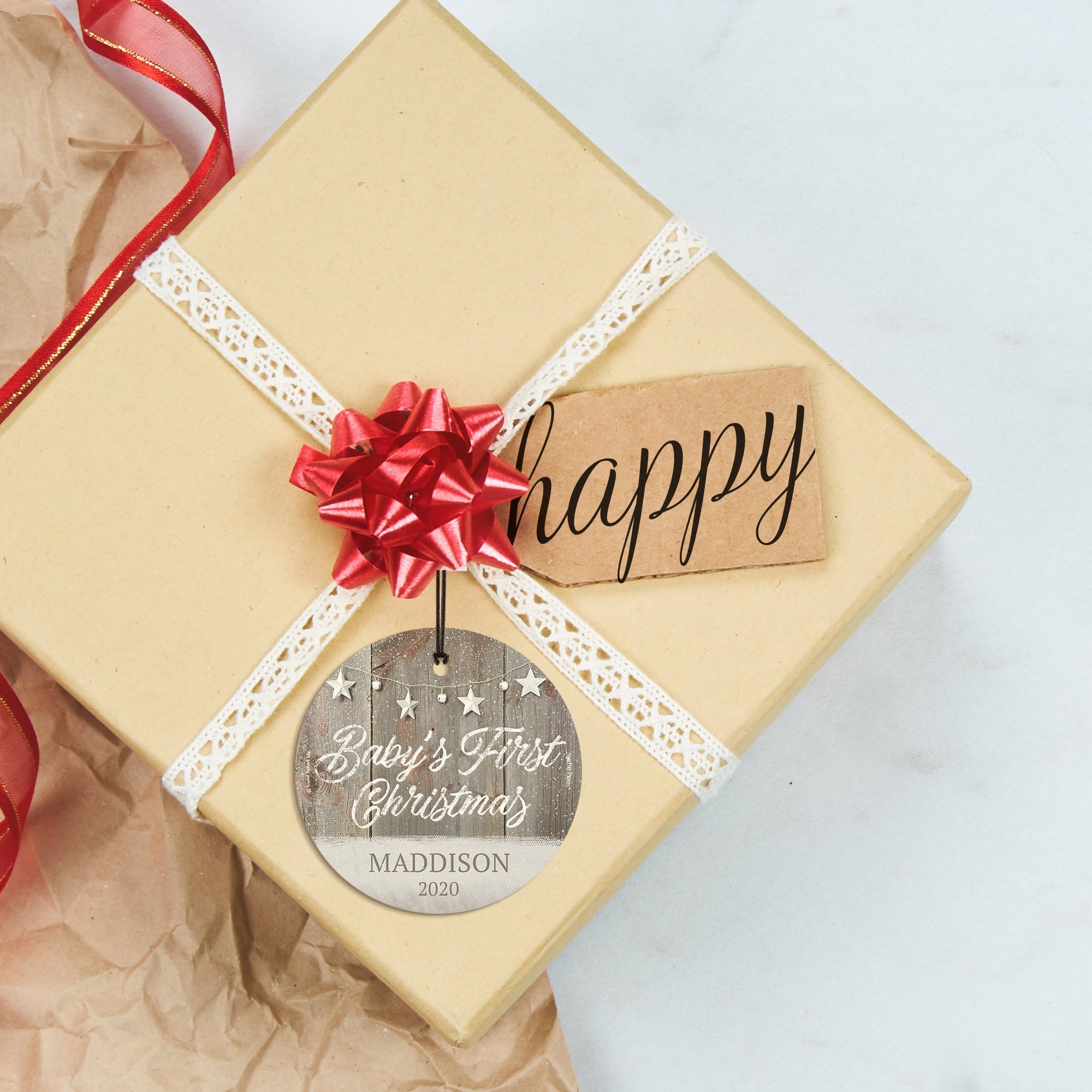 Baby's First Christmas (Rustic Snow and Stars - Personalized) StarFire Prints Hanging Glass Print SPCIR959