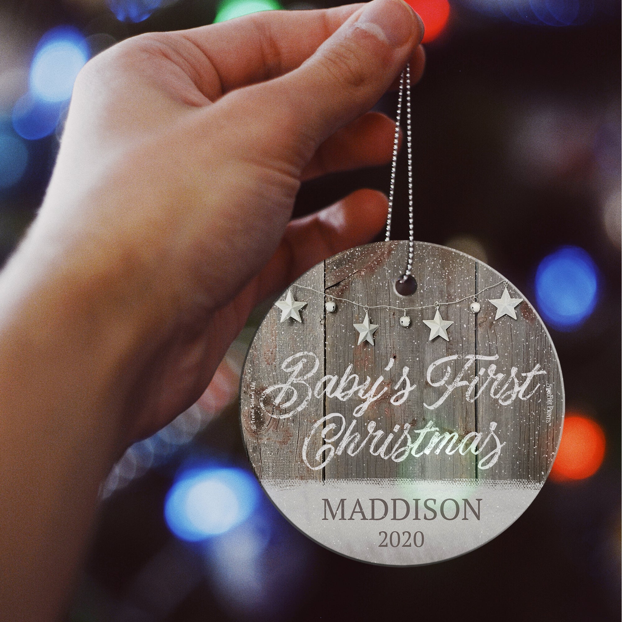 Baby's First Christmas (Rustic Snow and Stars - Personalized) StarFire Prints Hanging Glass Print SPCIR959