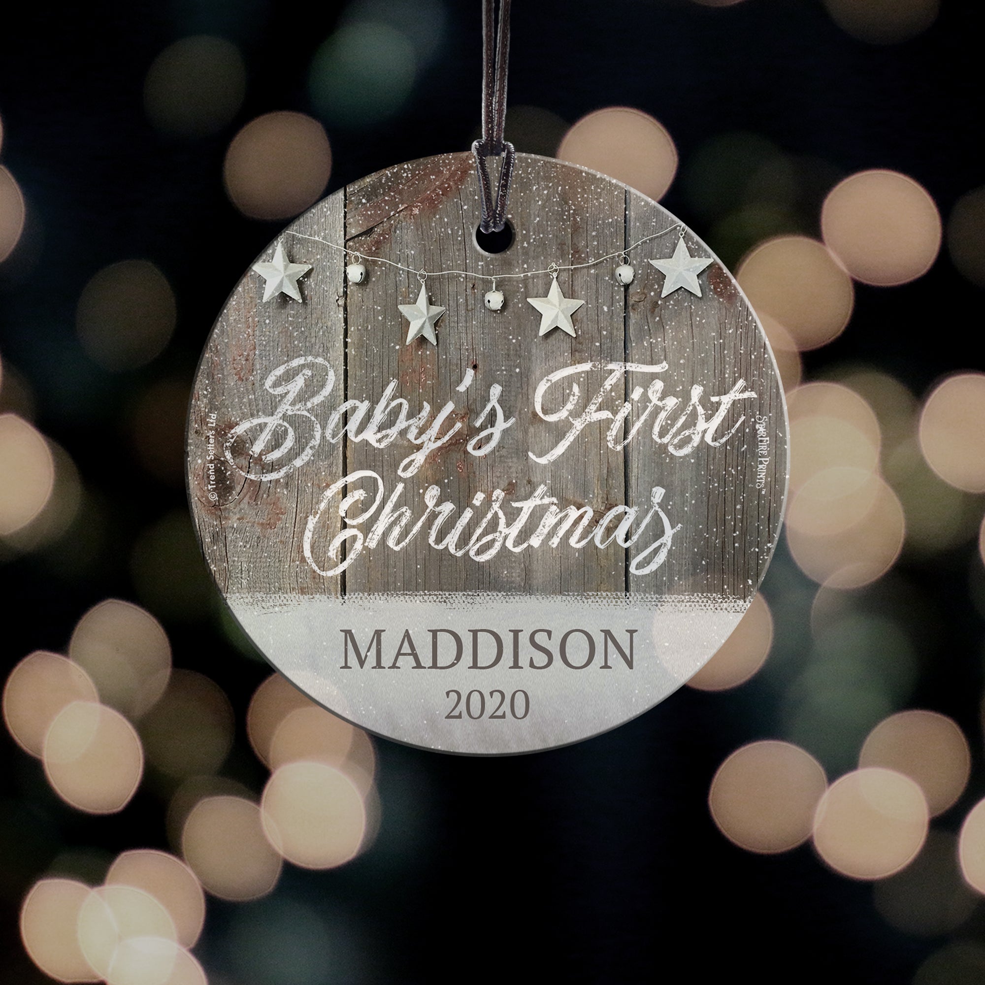 Baby's First Christmas (Rustic Snow and Stars - Personalized) StarFire Prints Hanging Glass Print SPCIR959