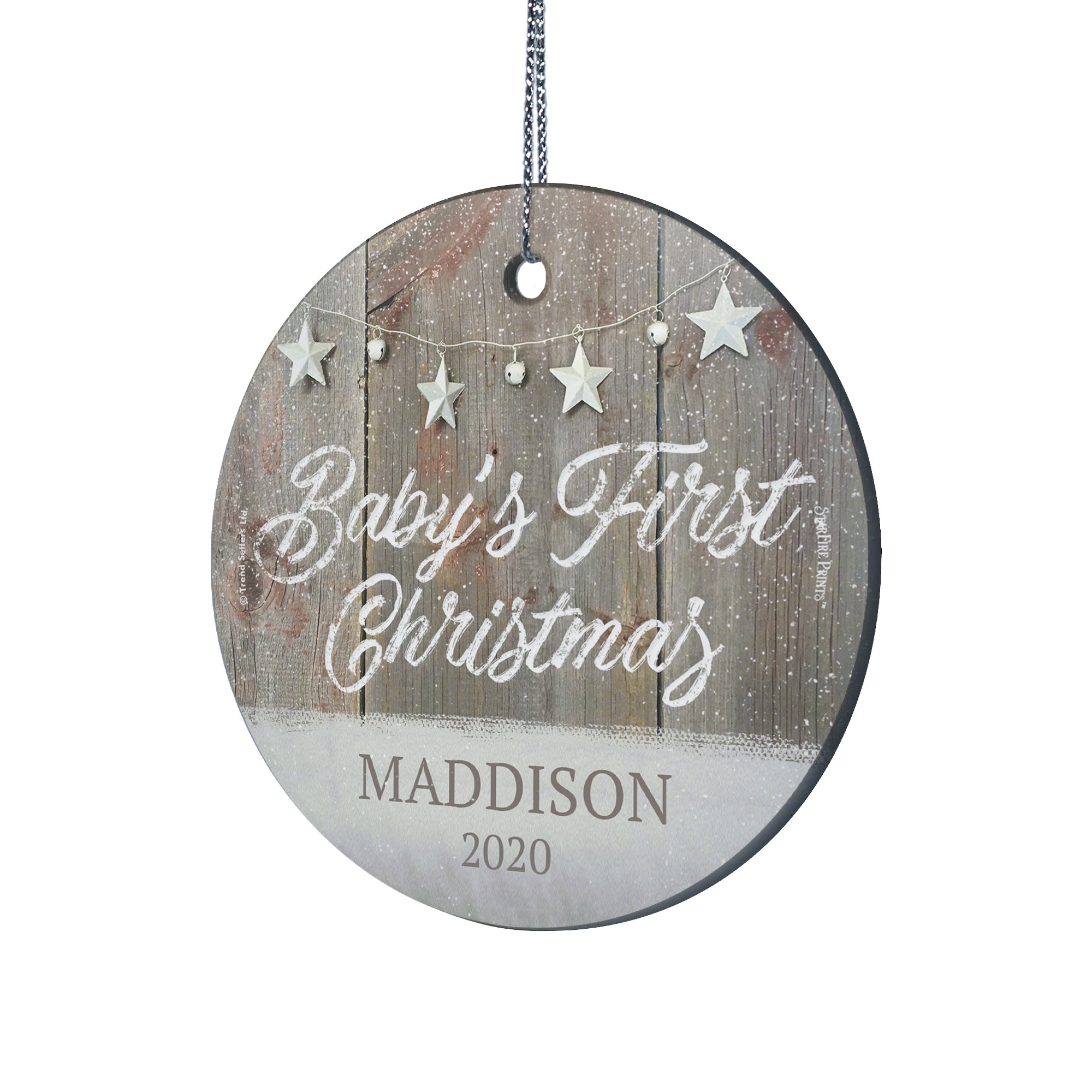 Baby's First Christmas (Rustic Snow and Stars - Personalized) StarFire Prints Hanging Glass Print SPCIR959