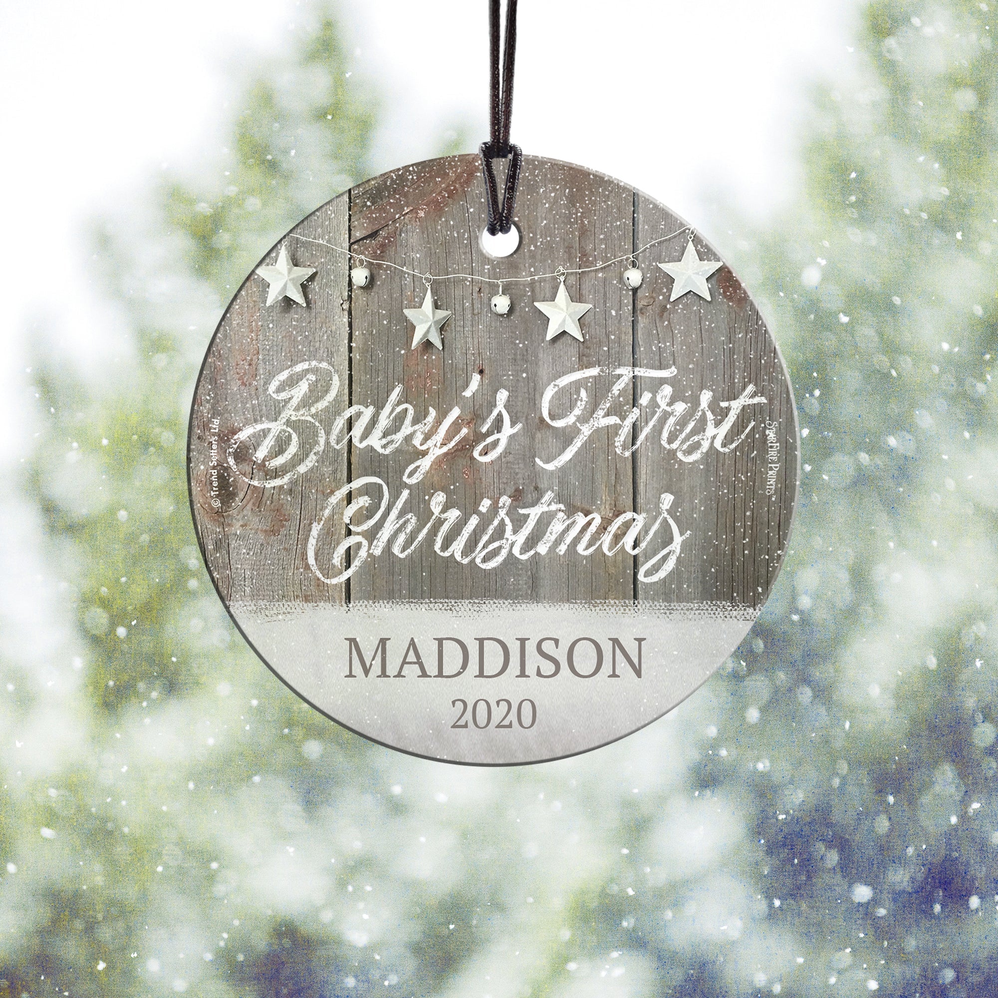 Baby's First Christmas (Rustic Snow and Stars - Personalized) StarFire Prints Hanging Glass Print SPCIR959
