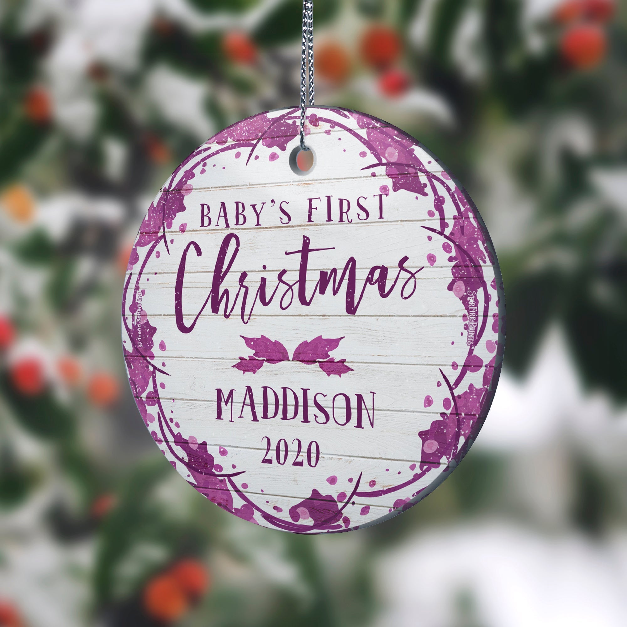 Baby's First Christmas (Purple and Shiplap - Personalized) StarFire Prints Hanging Glass Print SPCIR960