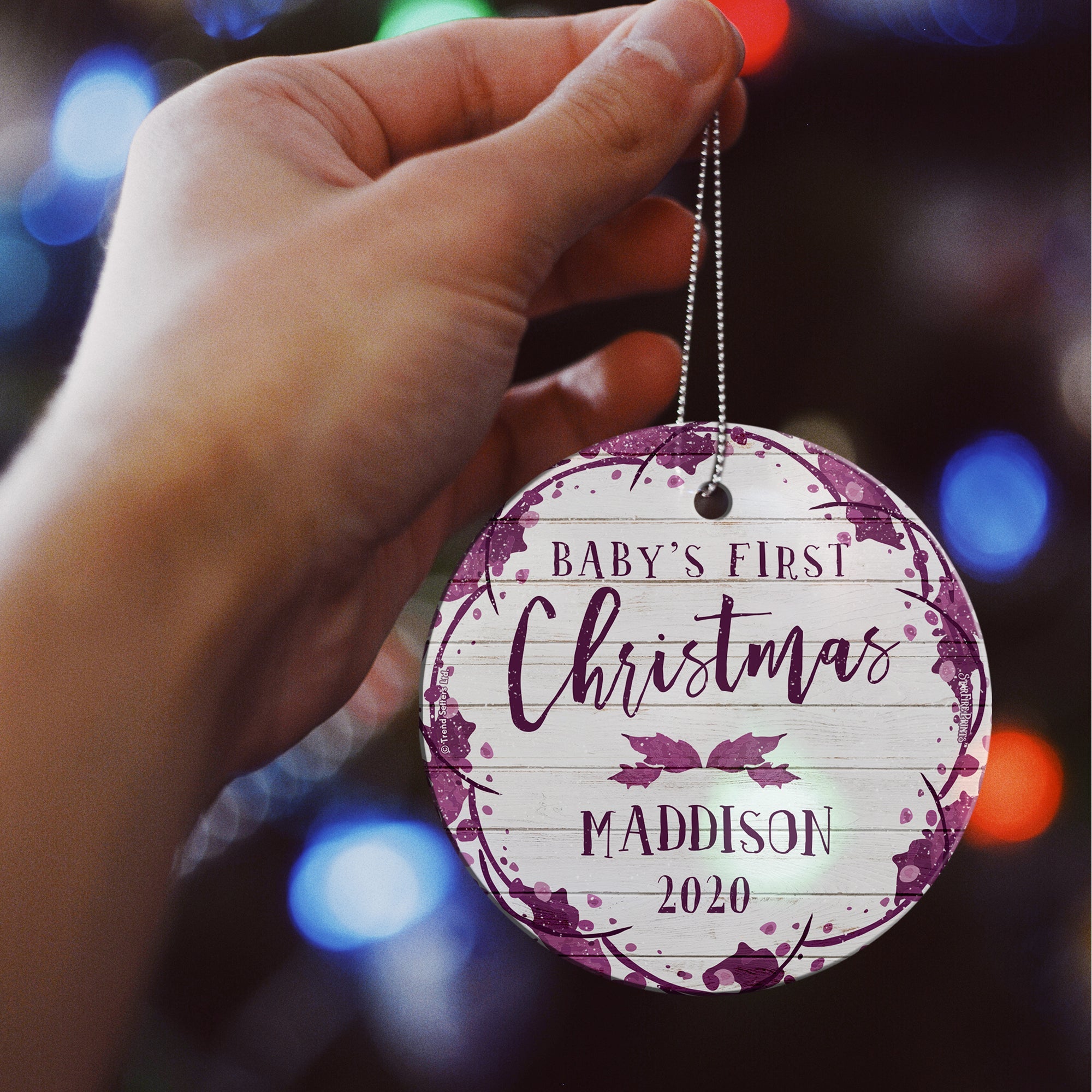 Baby's First Christmas (Purple and Shiplap - Personalized) StarFire Prints Hanging Glass Print SPCIR960