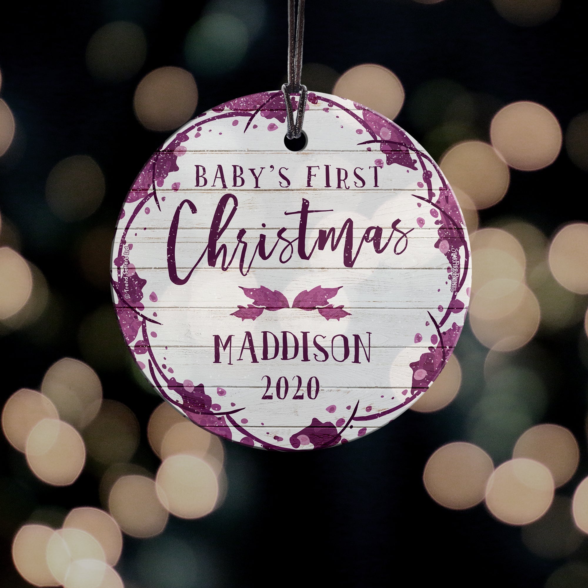 Baby's First Christmas (Purple and Shiplap - Personalized) StarFire Prints Hanging Glass Print SPCIR960