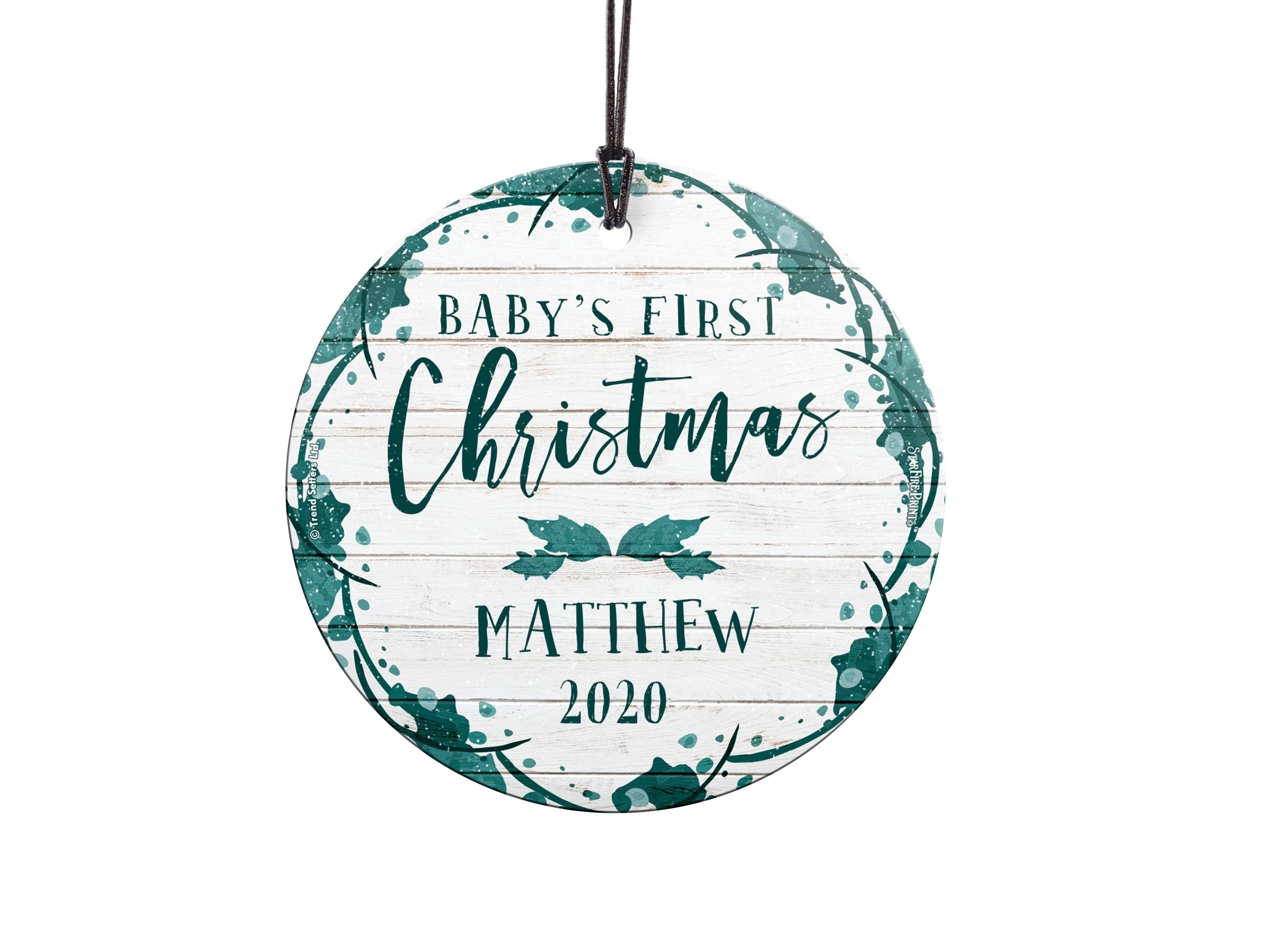 Christmas Collection (Baby's First - Teal Shiplap - Personalized) StarFire Prints Hanging Glass Print SPCIR961