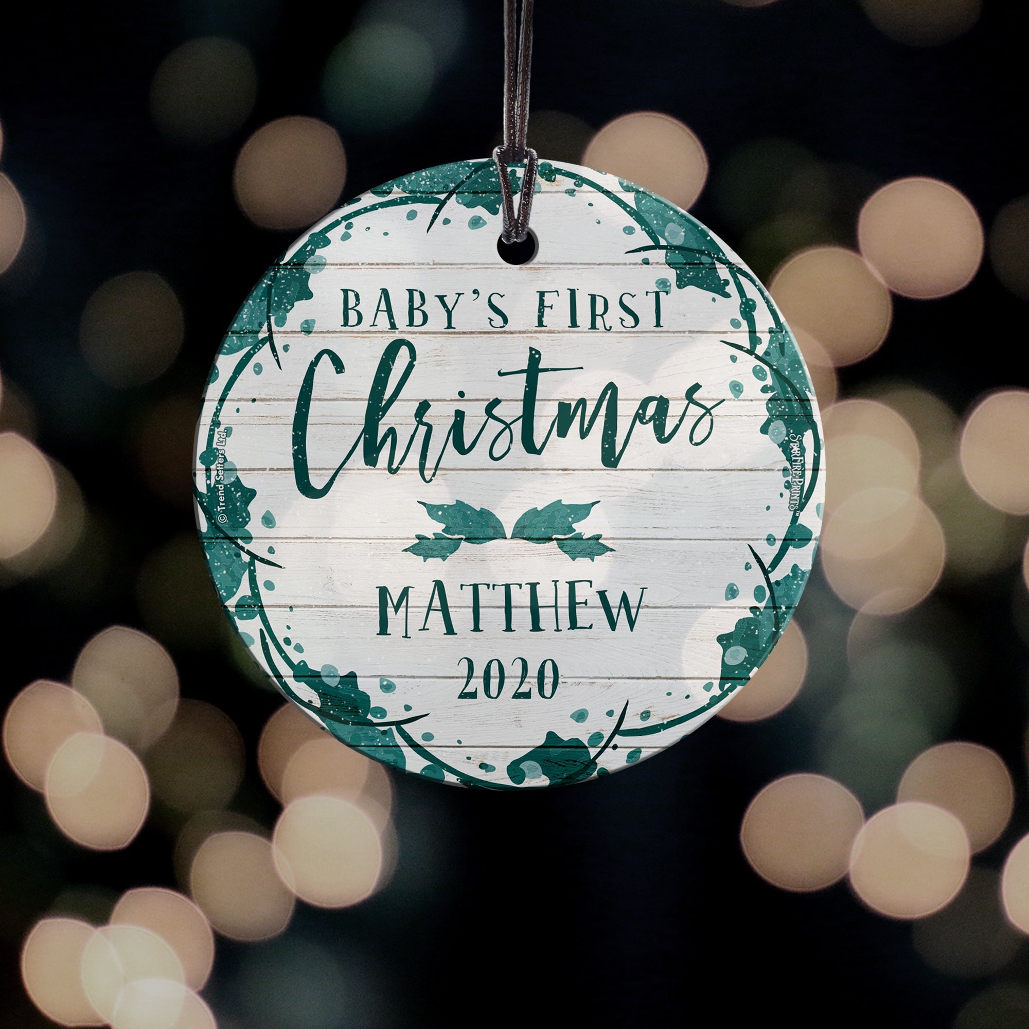 Christmas Collection (Baby's First - Teal Shiplap - Personalized) StarFire Prints Hanging Glass Print SPCIR961