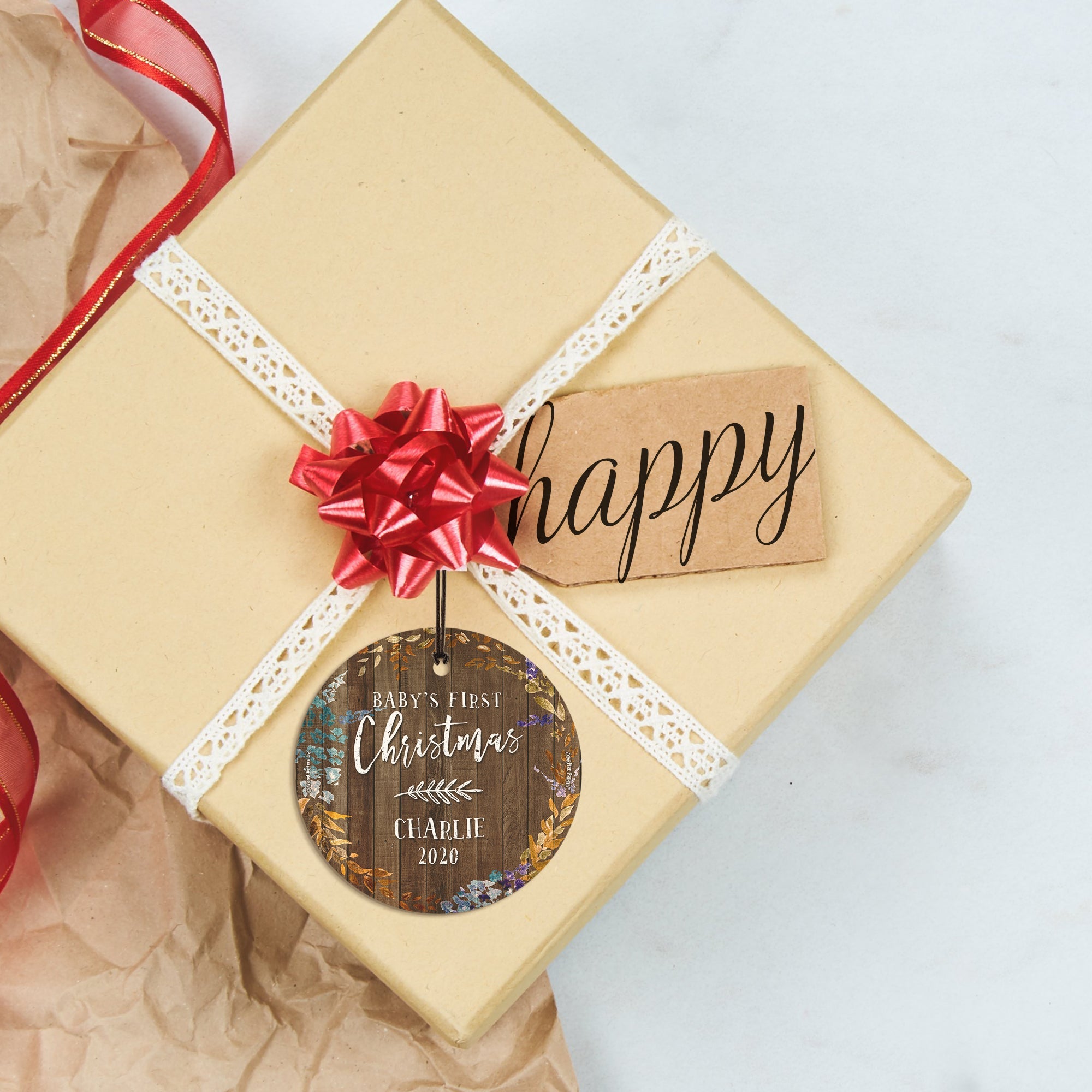 Baby's First Christmas (Jewel Tone Leaves and Wood - Personalized) StarFire Prints Hanging Glass Print SPCIR962