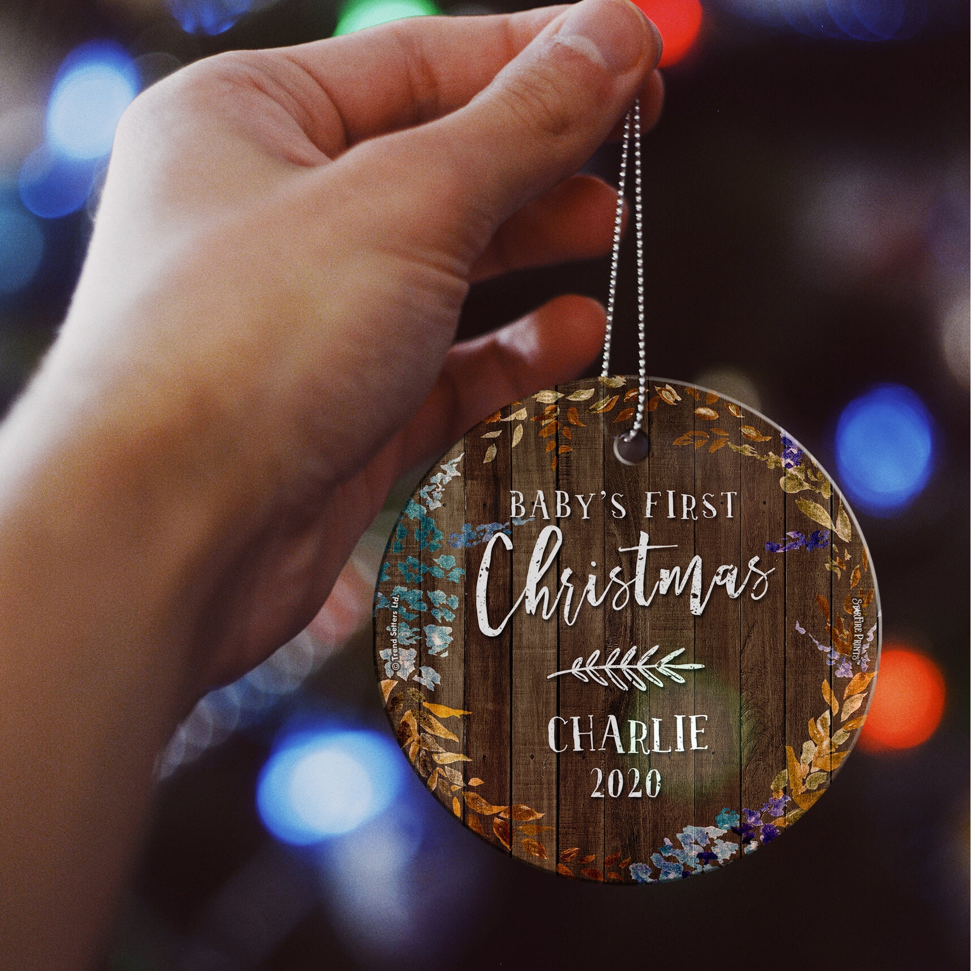 Baby's First Christmas (Jewel Tone Leaves and Wood - Personalized) StarFire Prints Hanging Glass Print SPCIR962