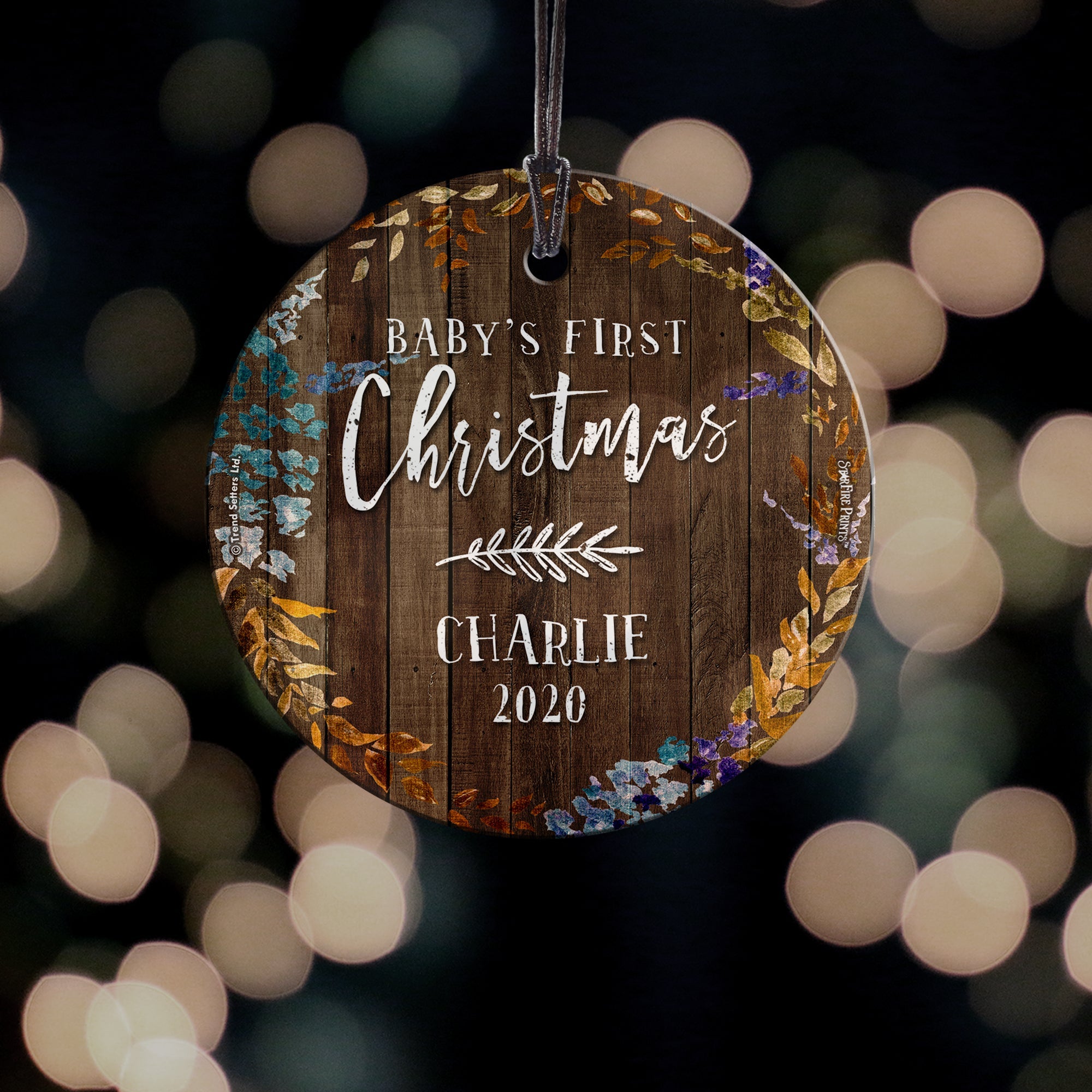 Baby's First Christmas (Jewel Tone Leaves and Wood - Personalized) StarFire Prints Hanging Glass Print SPCIR962