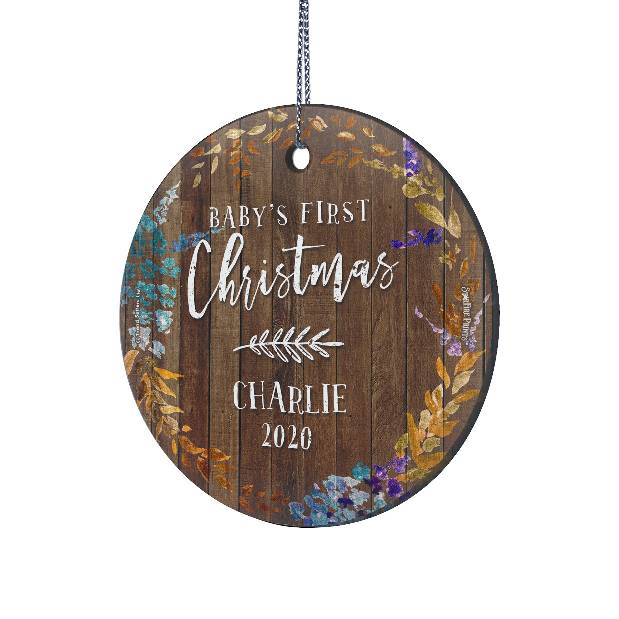 Baby's First Christmas (Jewel Tone Leaves and Wood - Personalized) StarFire Prints Hanging Glass Print SPCIR962