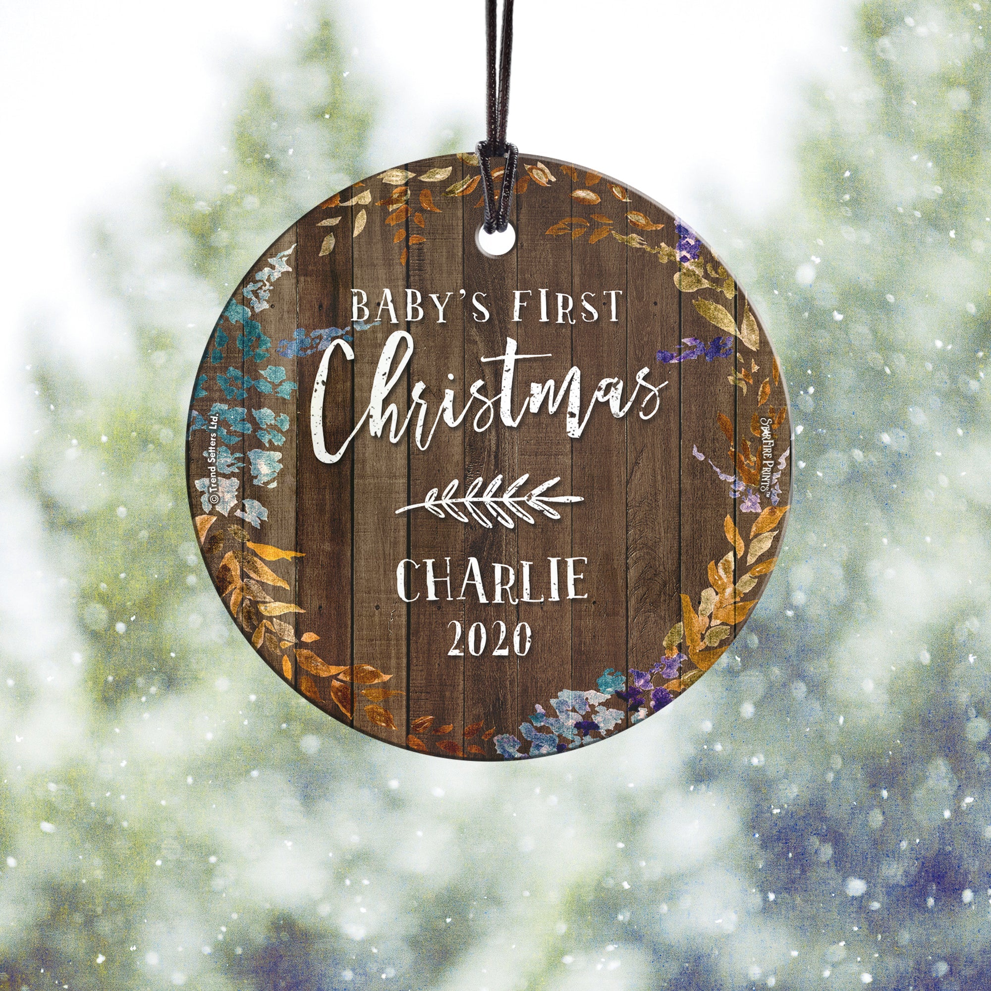 Baby's First Christmas (Jewel Tone Leaves and Wood - Personalized) StarFire Prints Hanging Glass Print SPCIR962