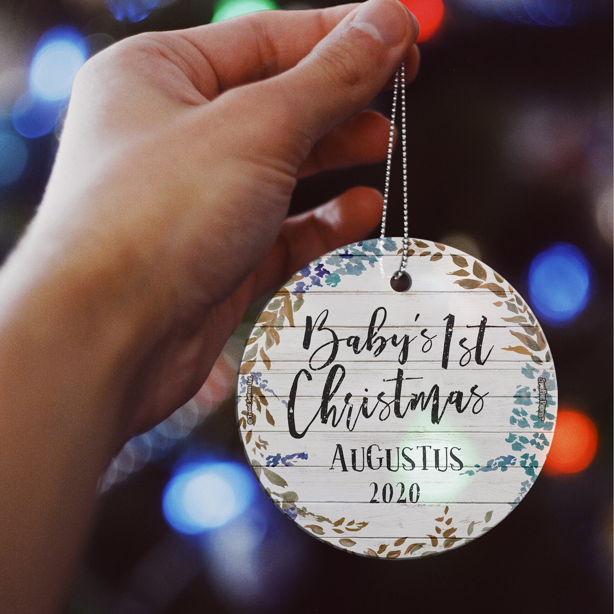 Baby's First Christmas (Shiplap and Leaves - Personalized) StarFire Prints Hanging Glass Print SPCIR963