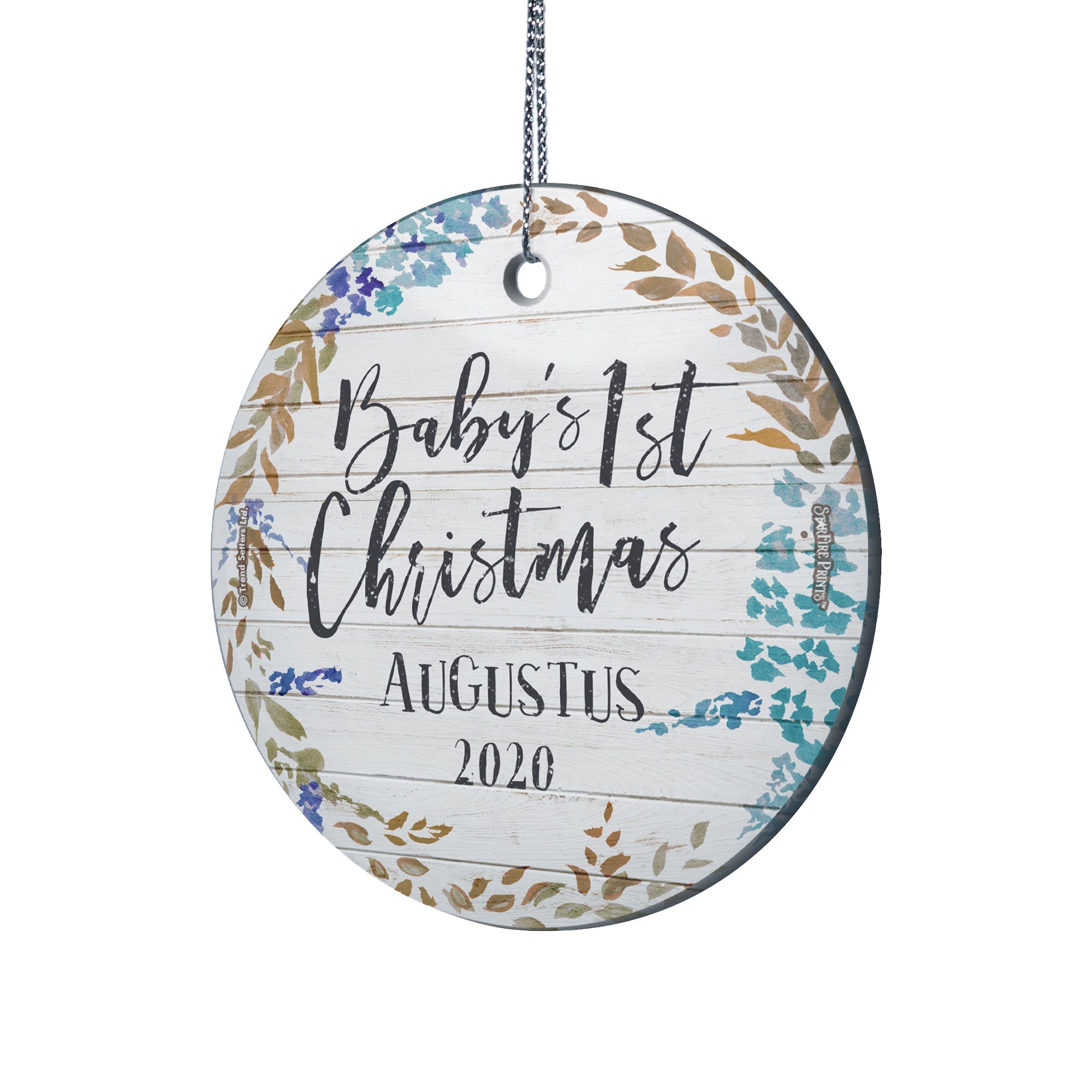 Baby's First Christmas (Shiplap and Leaves - Personalized) StarFire Prints Hanging Glass Print SPCIR963
