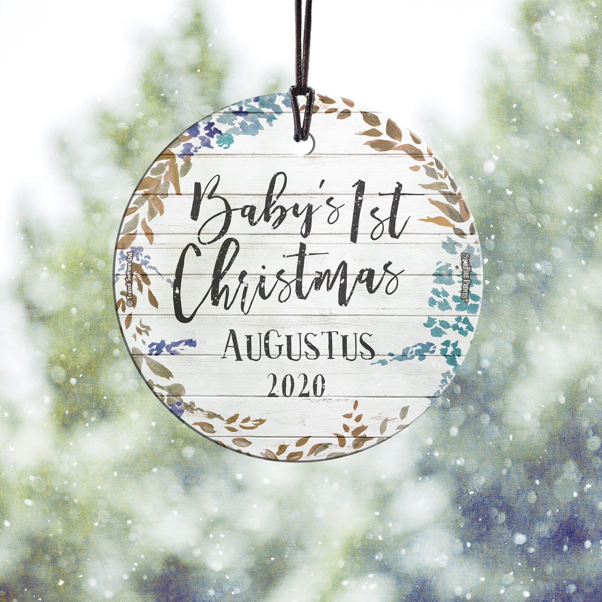 Baby's First Christmas (Shiplap and Leaves - Personalized) StarFire Prints Hanging Glass Print SPCIR963