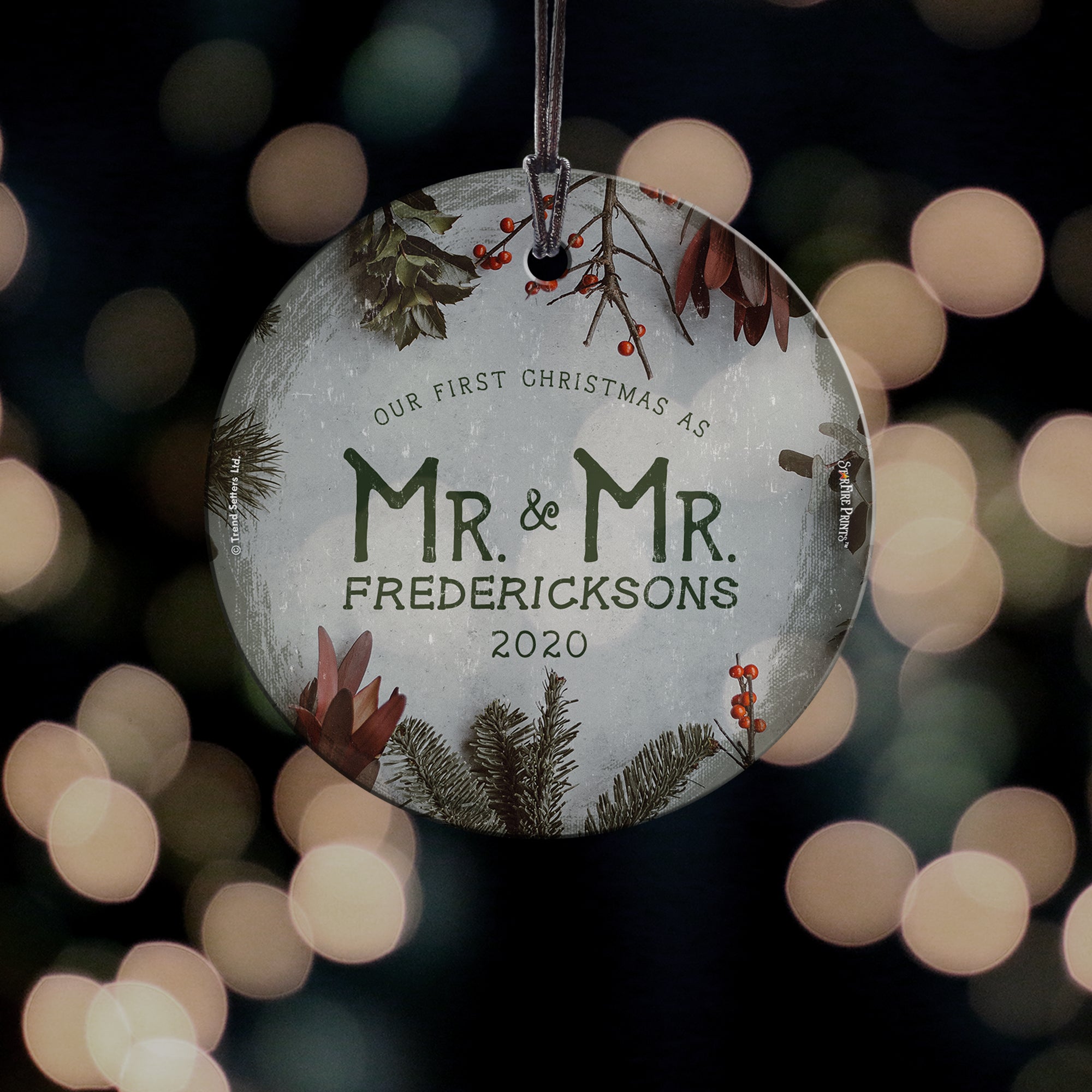 Wedding Collection (First Christmas Married as Mr. & Mr. Cranberries - Personalized) StarFire Prints Hanging Glass Print SPCIR966
