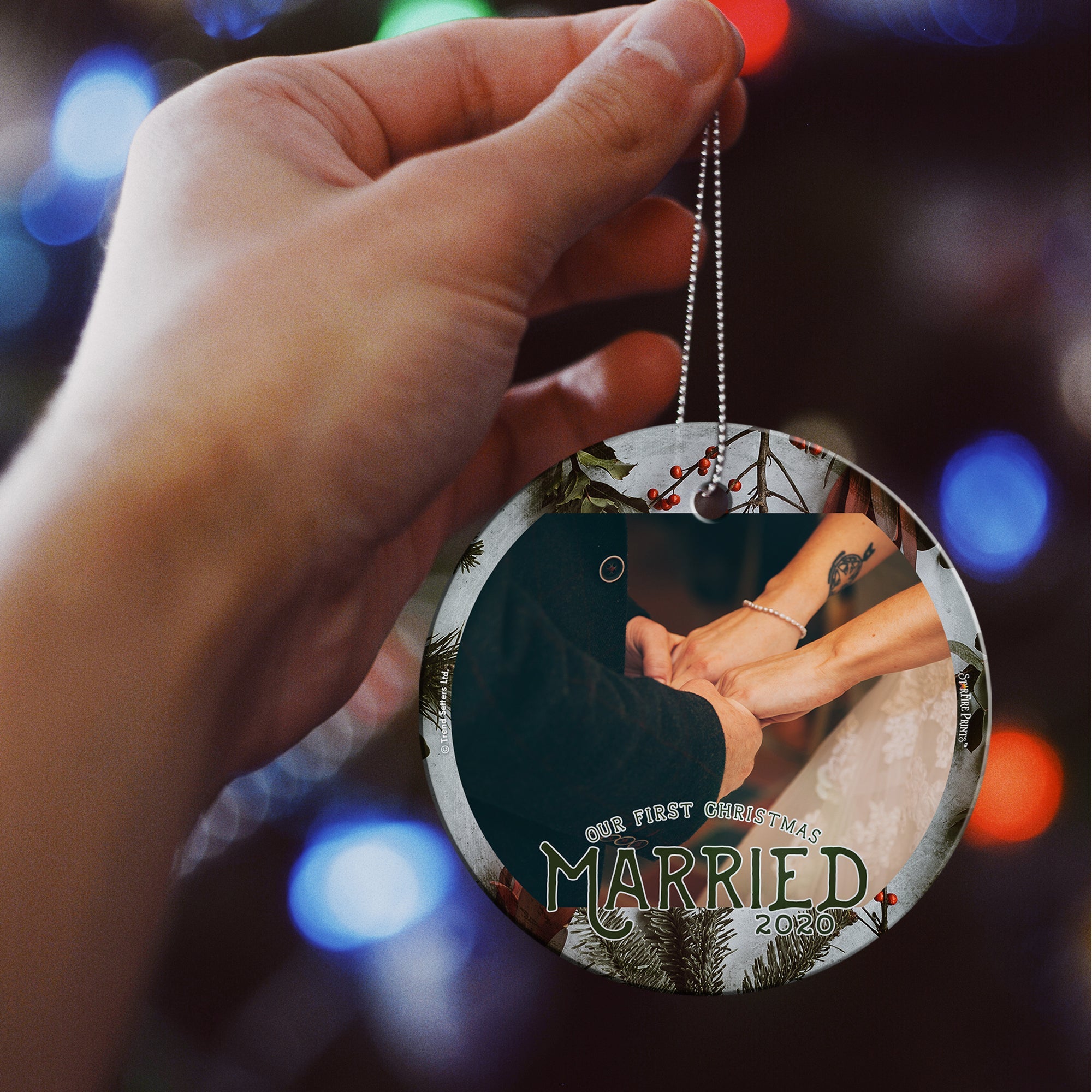 Christmas Collection (First Christmas Married Cranberries - Personalize with Image) StarFire Prints Hanging Glass Print