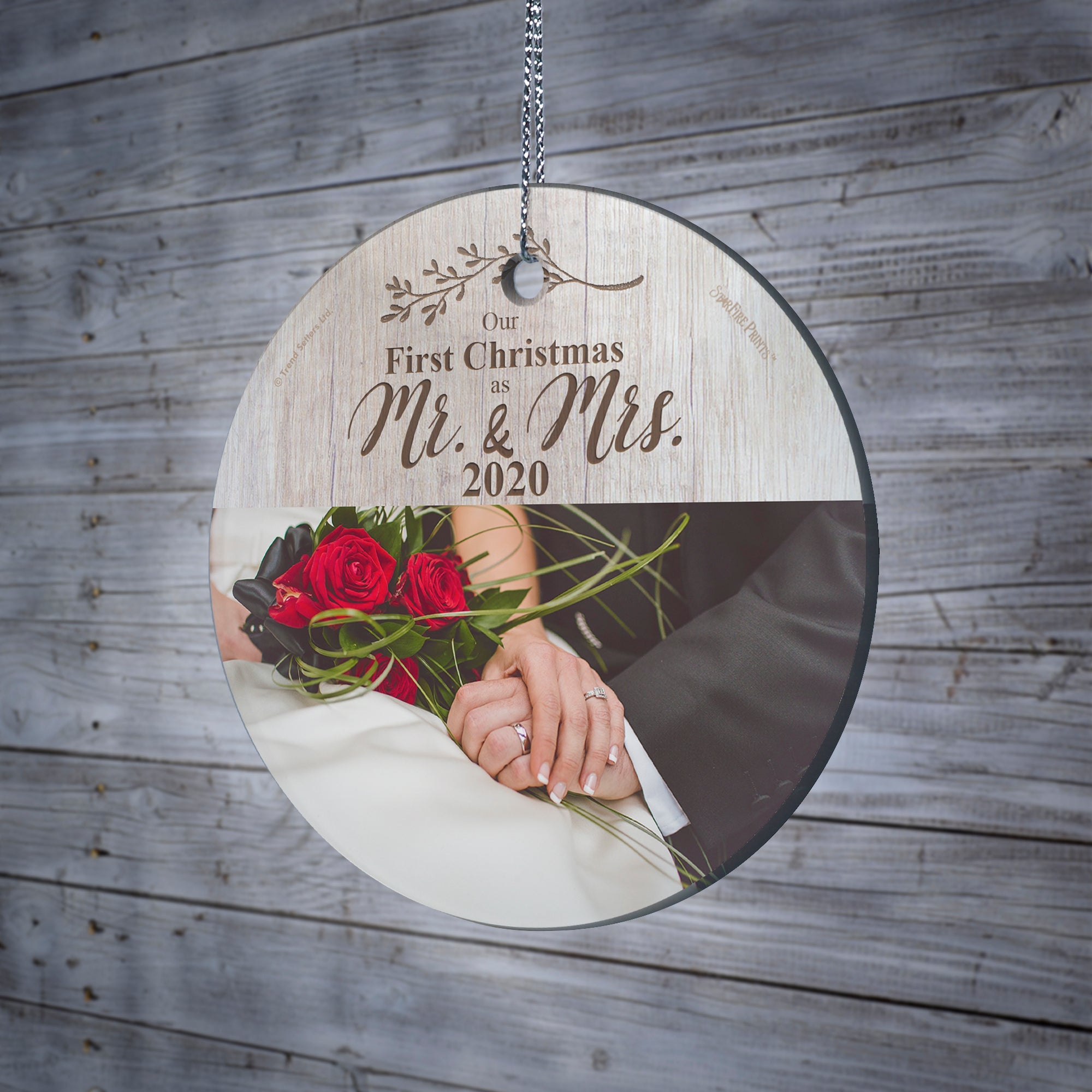 Christmas Collection (First Christmas as Mrs. & Mrs. White Wood - Personalize with Image) StarFire Prints Hanging Glass Print