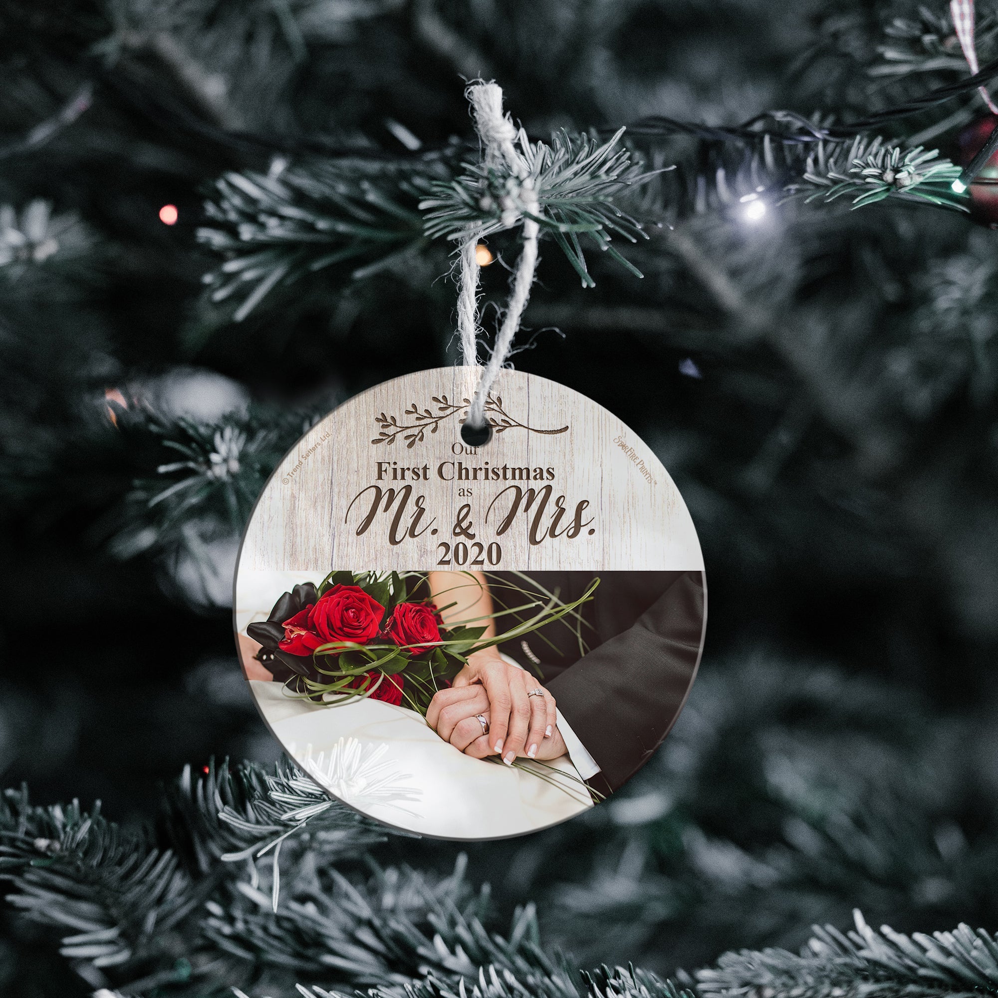 Christmas Collection (First Christmas as Mrs. & Mrs. White Wood - Personalize with Image) StarFire Prints Hanging Glass Print