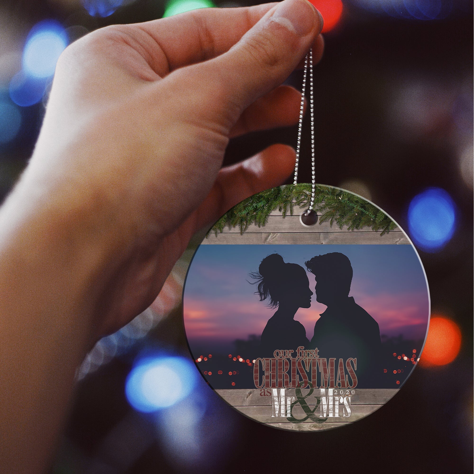 Christmas Collection (First Christmas as Mrs. & Mrs. - Personalize with Image) StarFire Prints Hanging Glass Print