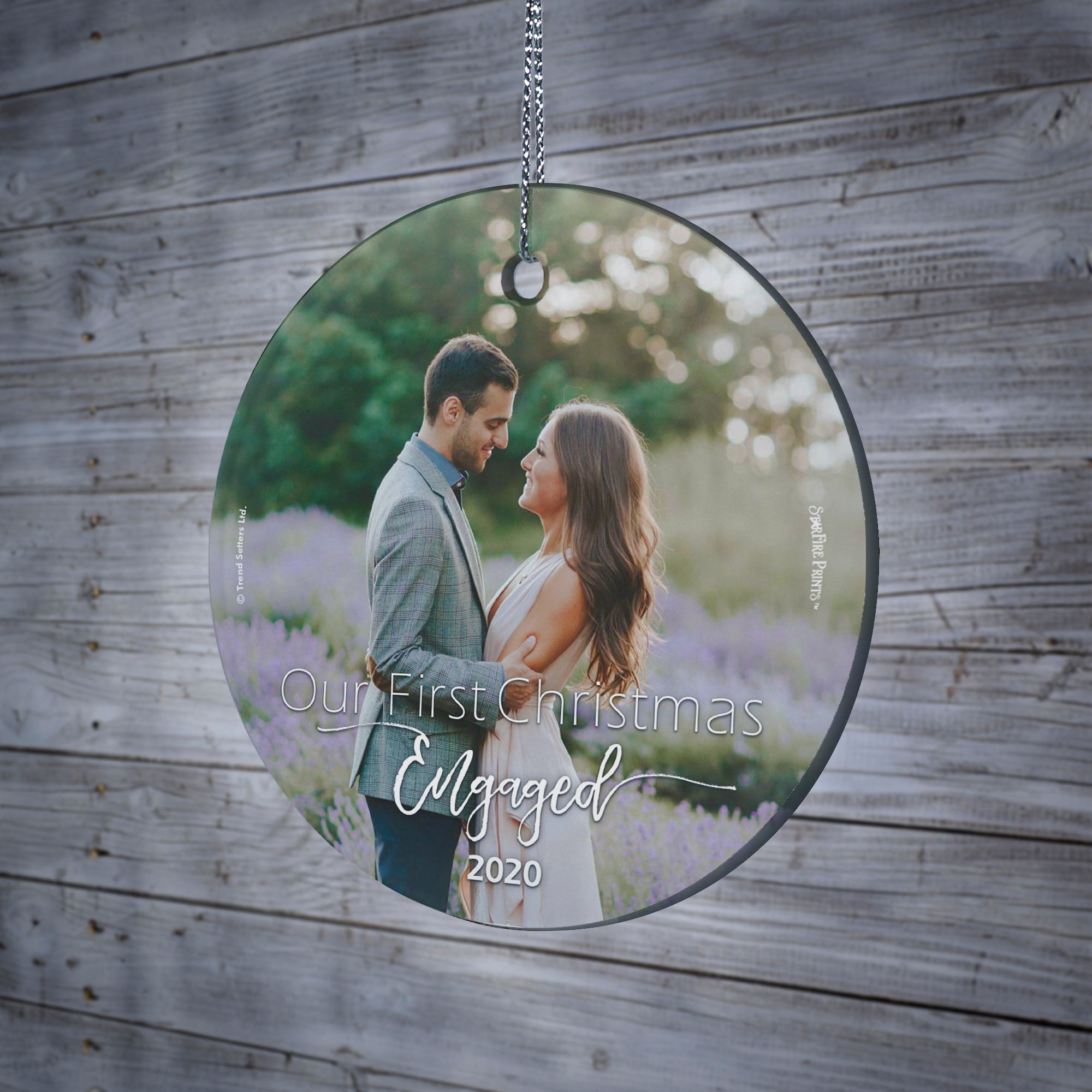 Couples Collection (Our First Christmas Engaged - Upload) StarFire Prints Hanging Glass Print