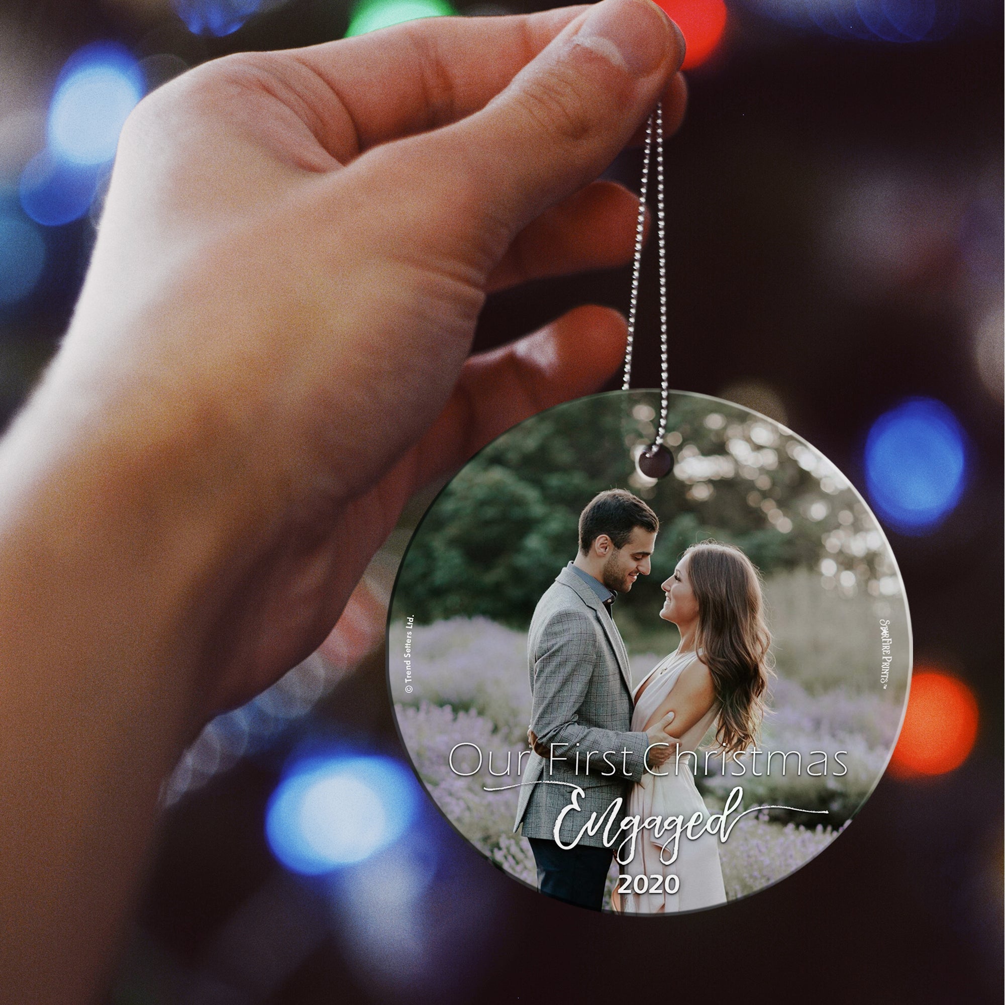 Couples Collection (Our First Christmas Engaged - Upload) StarFire Prints Hanging Glass Print