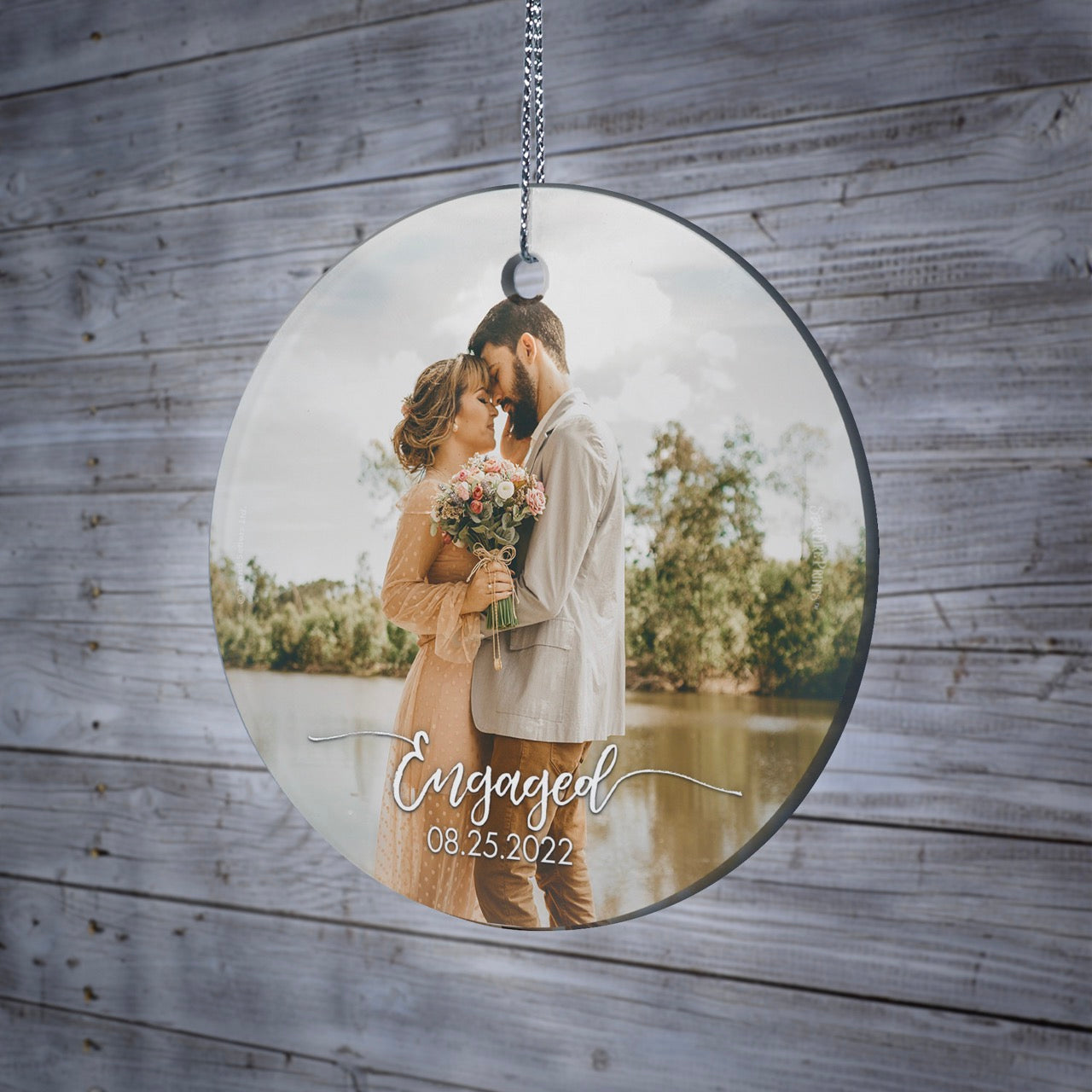 Trend Setters Original (Engaged – Personalized Date & Photo Upload) StarFire Prints™ Hanging Glass Print