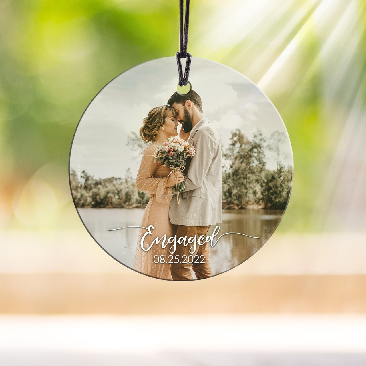 Trend Setters Original (Engaged – Personalized Date & Photo Upload) StarFire Prints™ Hanging Glass Print