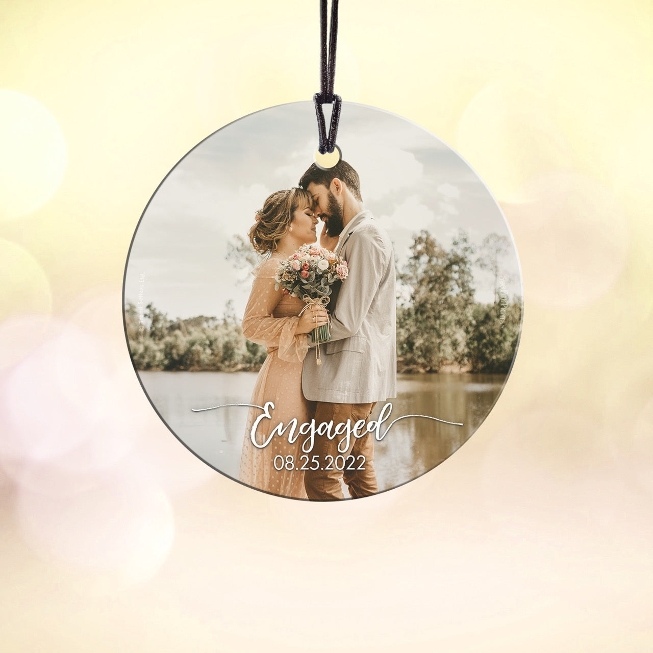 Trend Setters Original (Engaged – Personalized Date & Photo Upload) StarFire Prints™ Hanging Glass Print