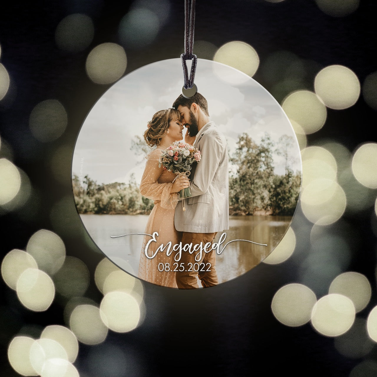 Trend Setters Original (Engaged – Personalized Date & Photo Upload) StarFire Prints™ Hanging Glass Print