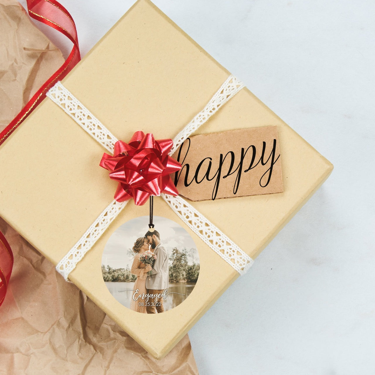 Trend Setters Original (Engaged – Personalized Date & Photo Upload) StarFire Prints™ Hanging Glass Print