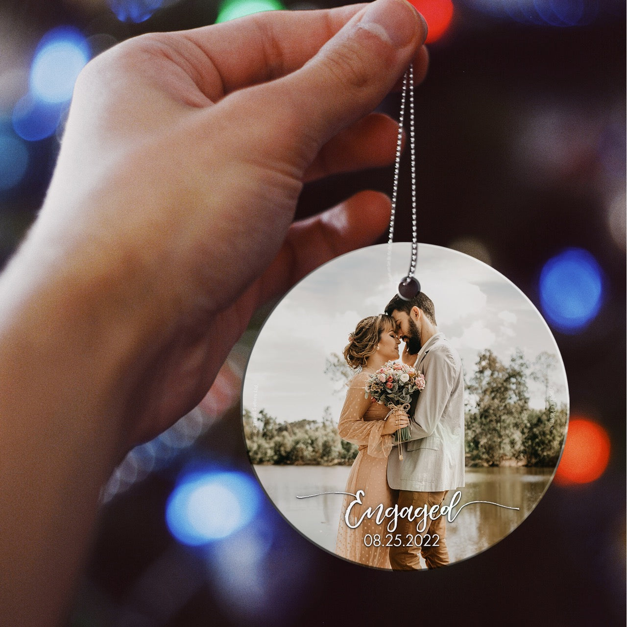 Trend Setters Original (Engaged – Personalized Date & Photo Upload) StarFire Prints™ Hanging Glass Print