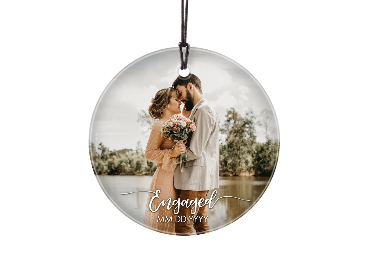 Trend Setters Original (Engaged – Personalized Date & Photo Upload) StarFire Prints™ Hanging Glass Print