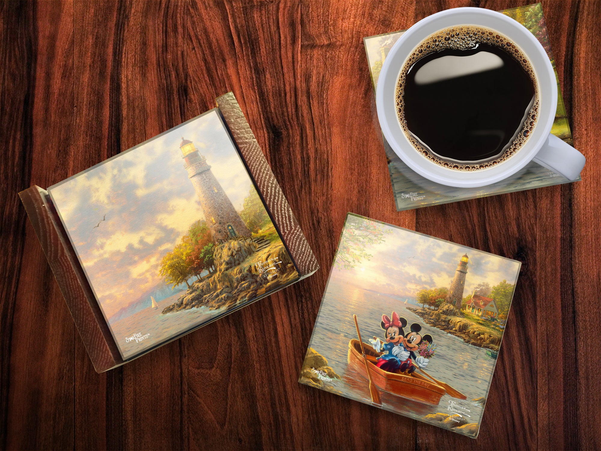 Disney (Mickey and Minnie Mouse Lighthouse Cove) StarFire Prints™ Glass Coaster Set of Four SPCSTR1097