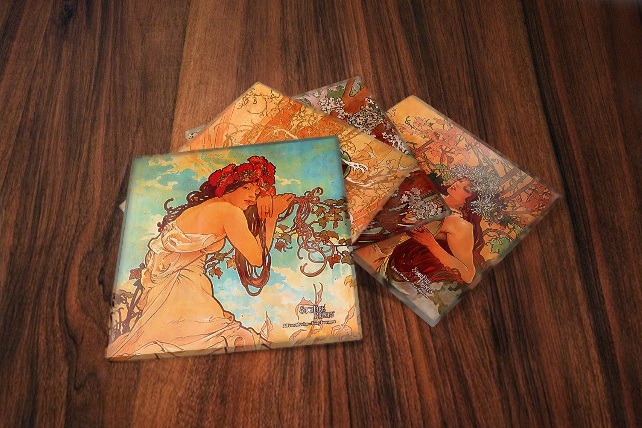 Trend Setters Original (Alfons Mucha – The Seasons) StarFire Prints™ Glass Coaster Set SPCSTR1356