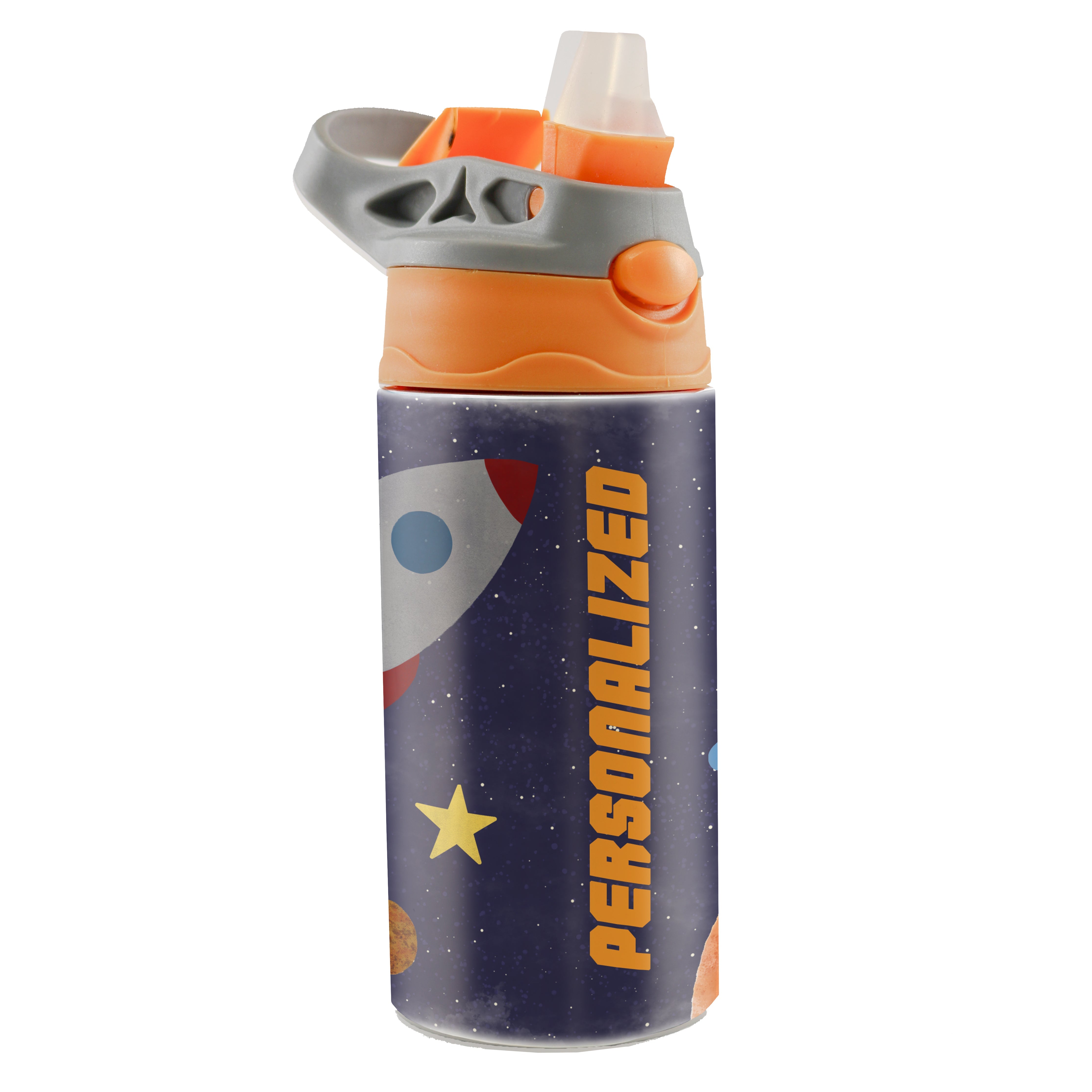 Trend Setters Original (Astronaut - Personalize with Name) 12 oz Stainless Steel Water Bottle with Orange and Grey Lid