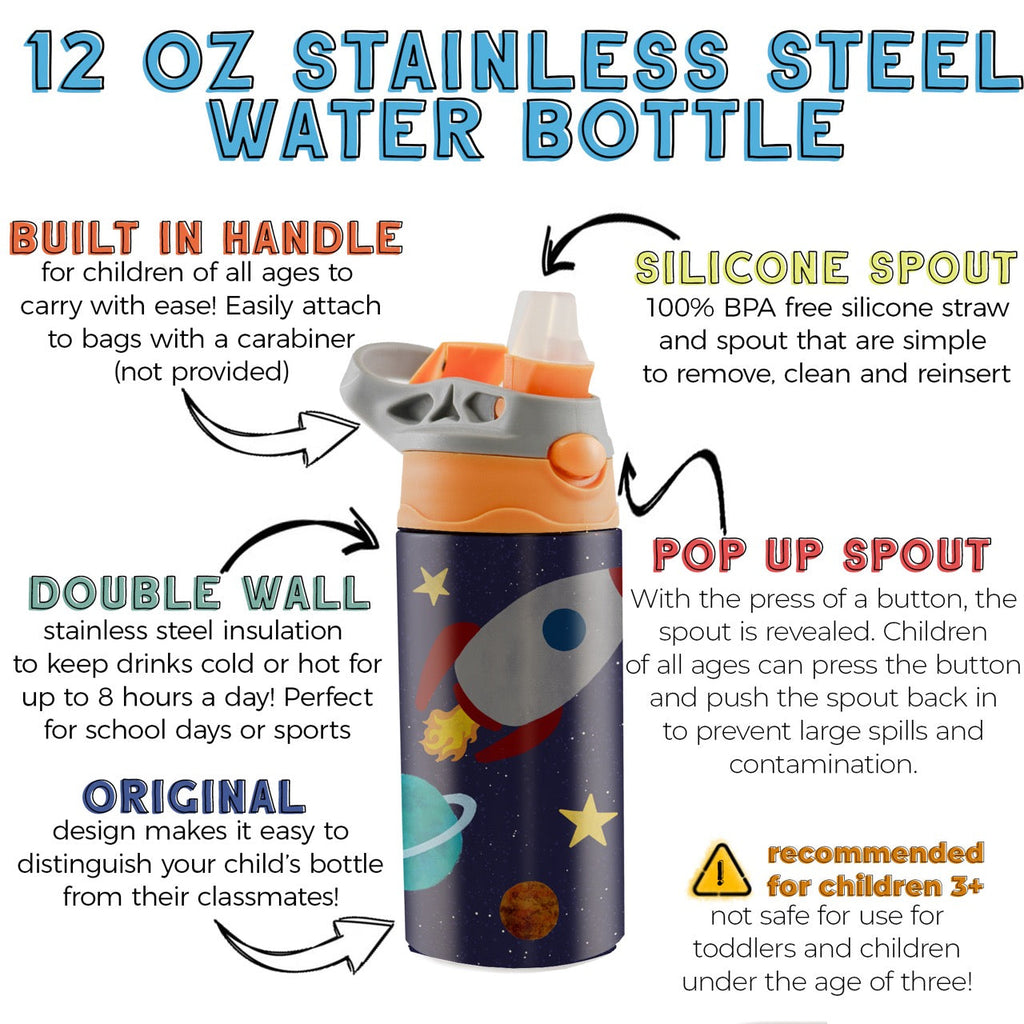 Trend Setters Original (Astronaut - Personalize with Name) 12 oz Stainless Steel Water Bottle with Orange and Grey Lid