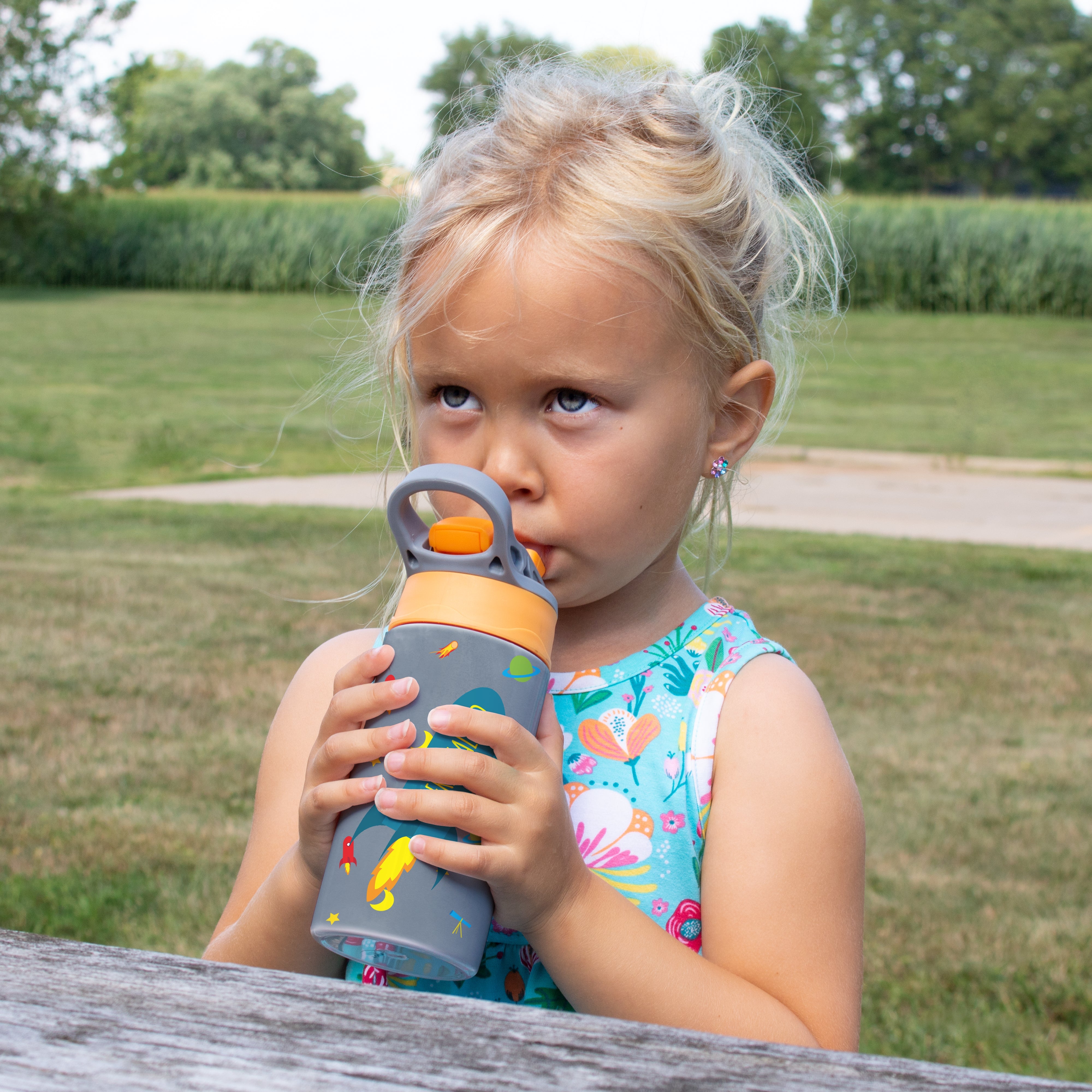 Trend Setters Original (Outer Space - Personalize with Name) 12 oz Stainless Steel Water Bottle with Orange and Grey Lid