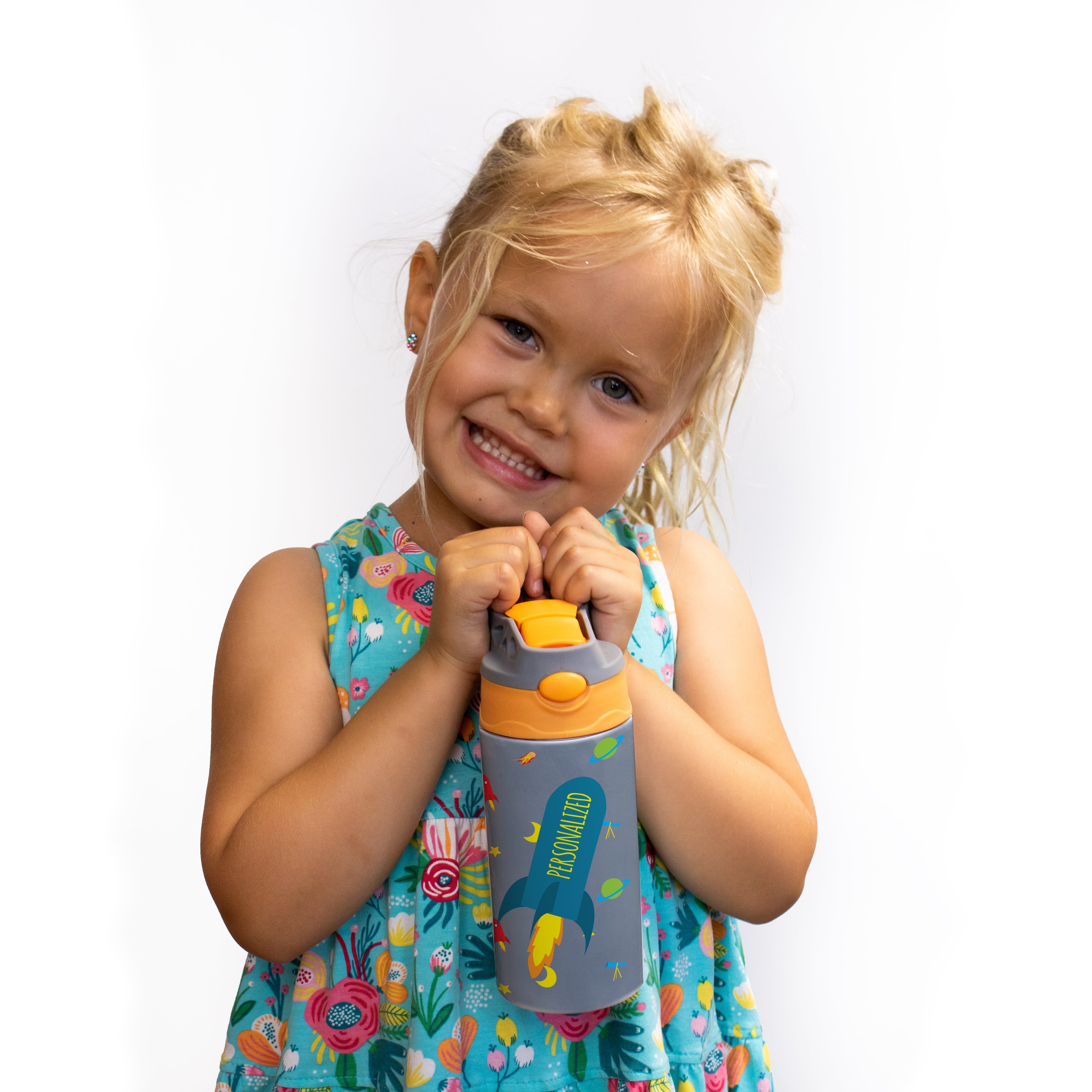 Trend Setters Original (Outer Space - Personalize with Name) 12 oz Stainless Steel Water Bottle with Orange and Grey Lid