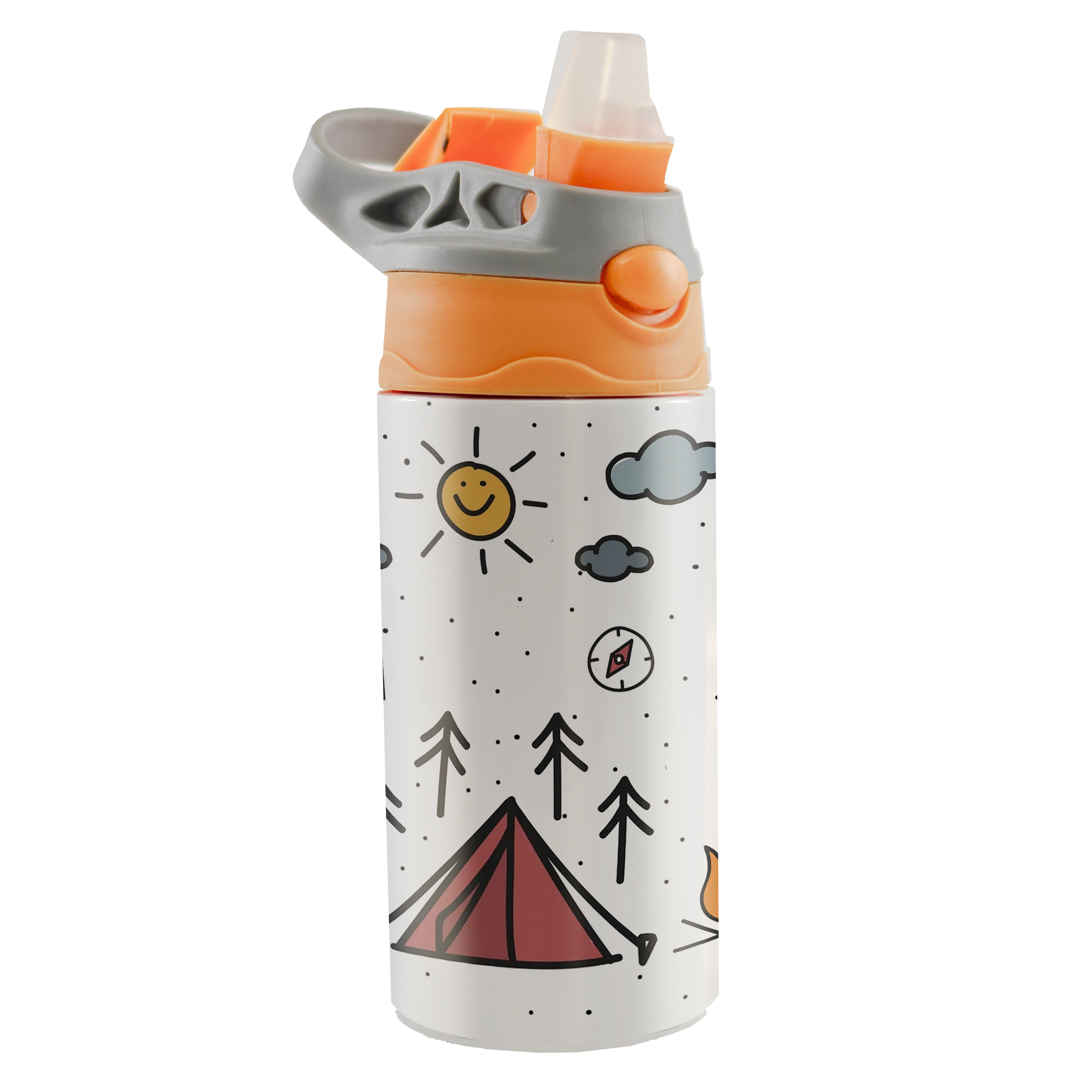 Trend Setters Original (Camping - Personalize with Name) 12 oz Stainless Steel Water Bottle with Orange and Grey Lid