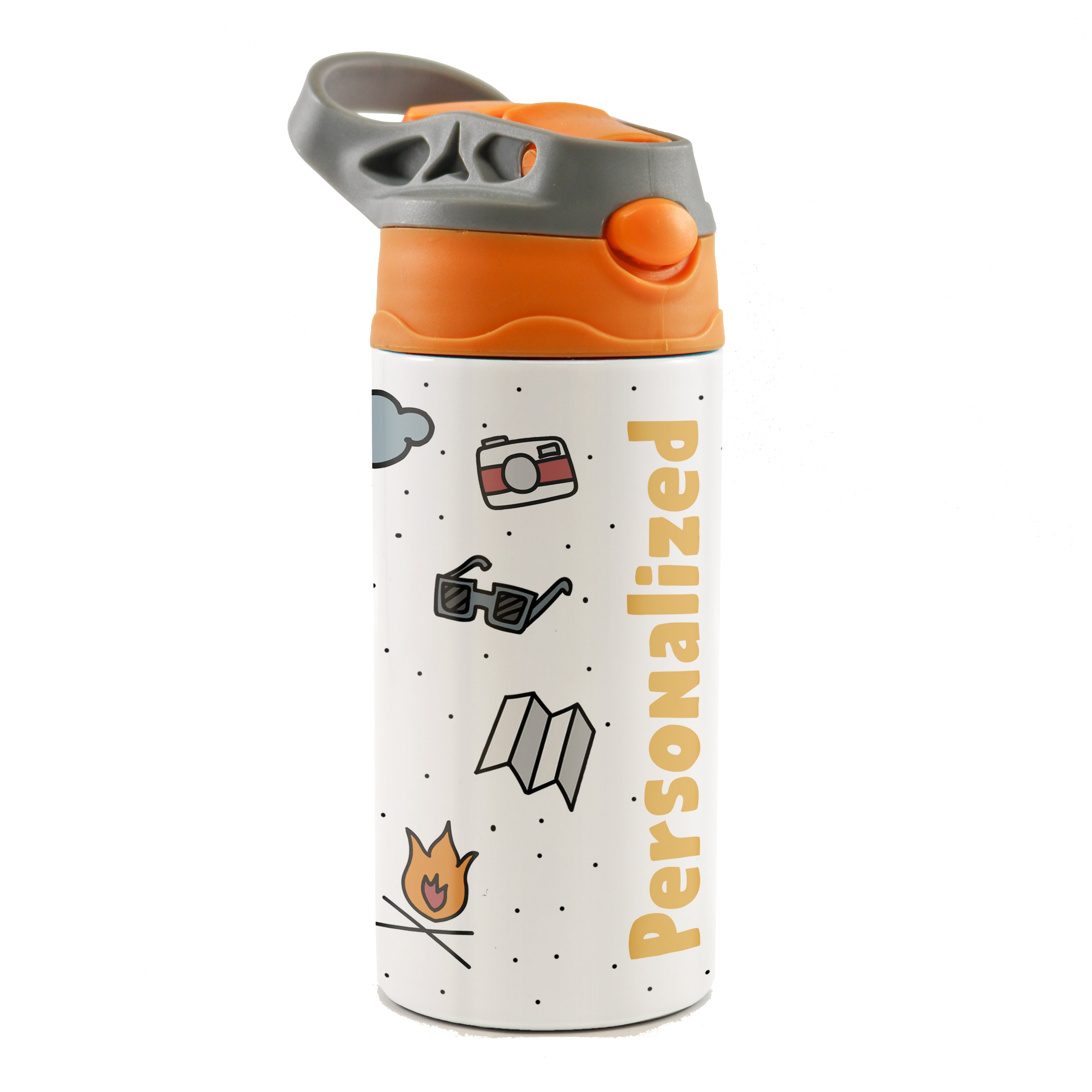 Trend Setters Original (Camping - Personalize with Name) 12 oz Stainless Steel Water Bottle with Orange and Grey Lid
